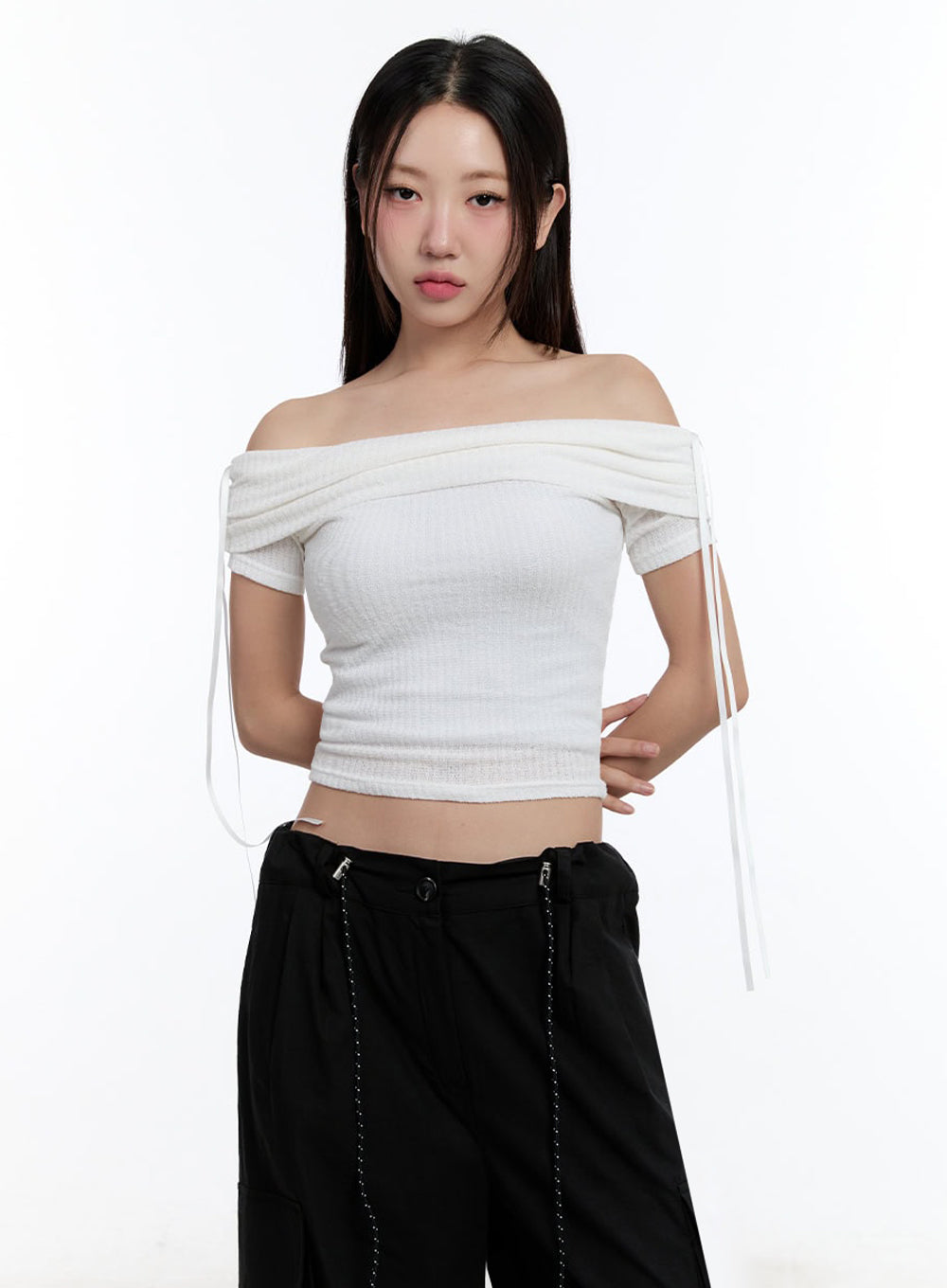 Ribbon Off-Shoulder Crop Top IU504