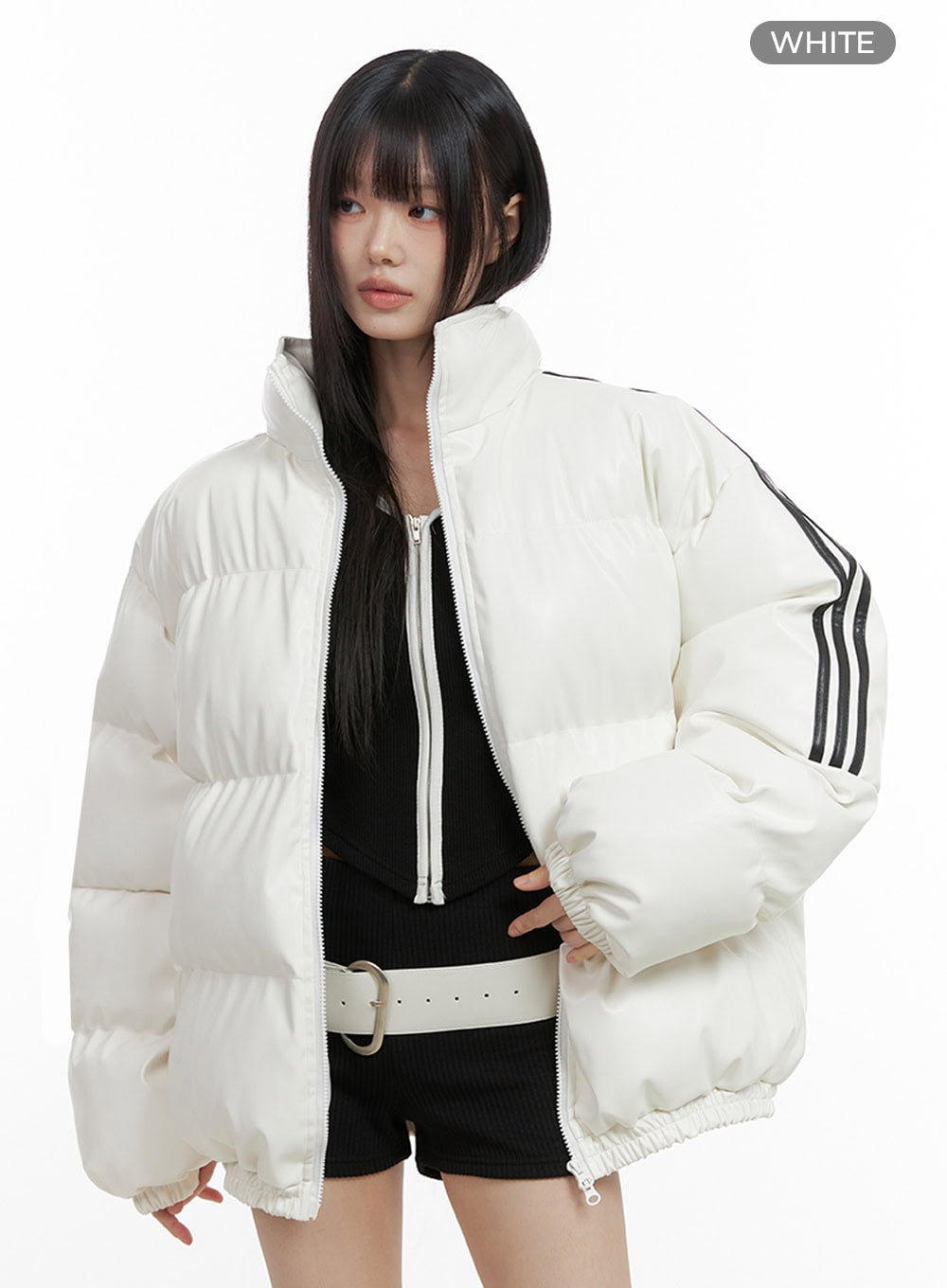 Oversized Stripe Leather Padded Coat IO430