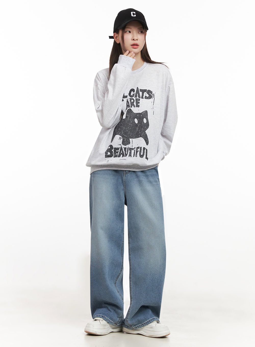 Oversized Cat Graphic Crew Neck IJ527