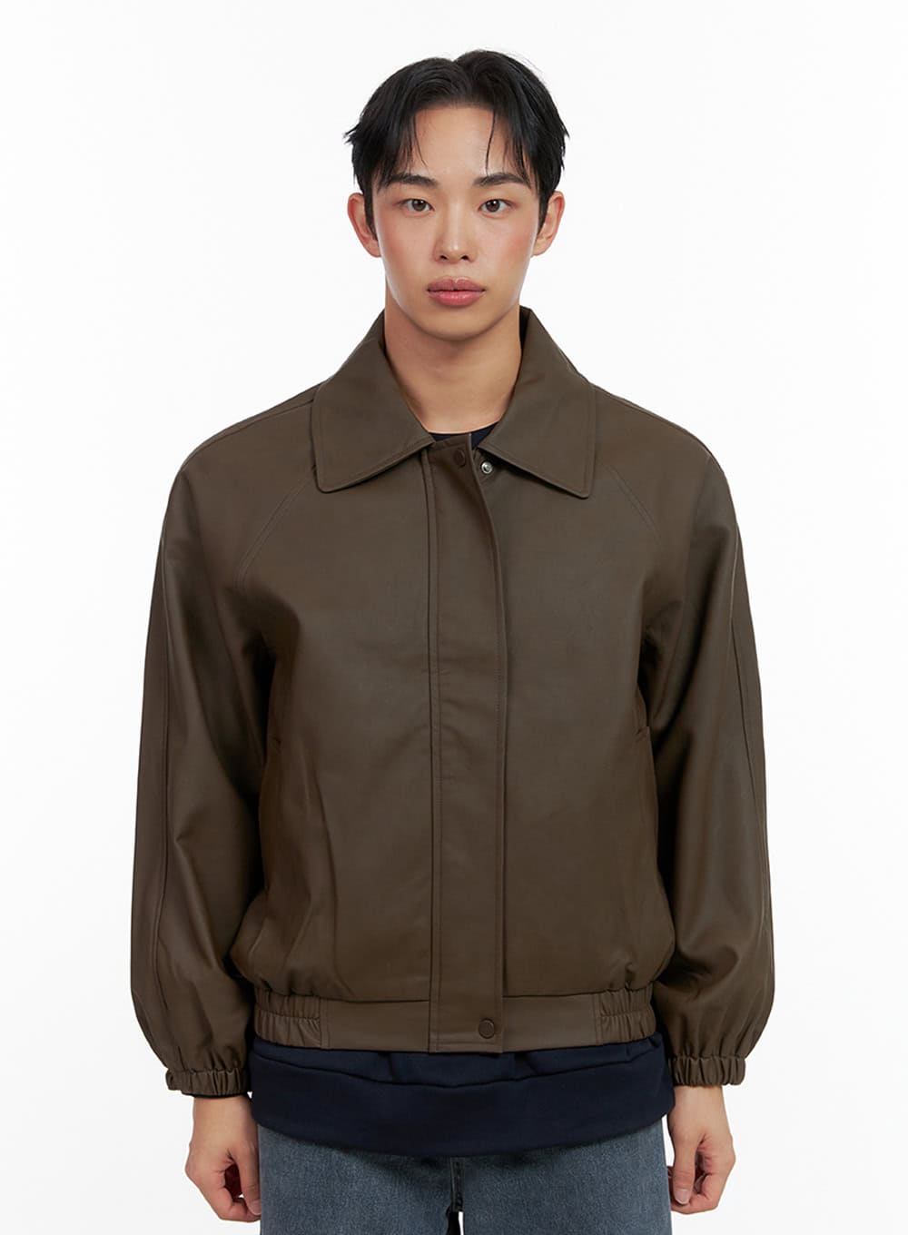 Men's Collared Faux-Leather Jacket IN426