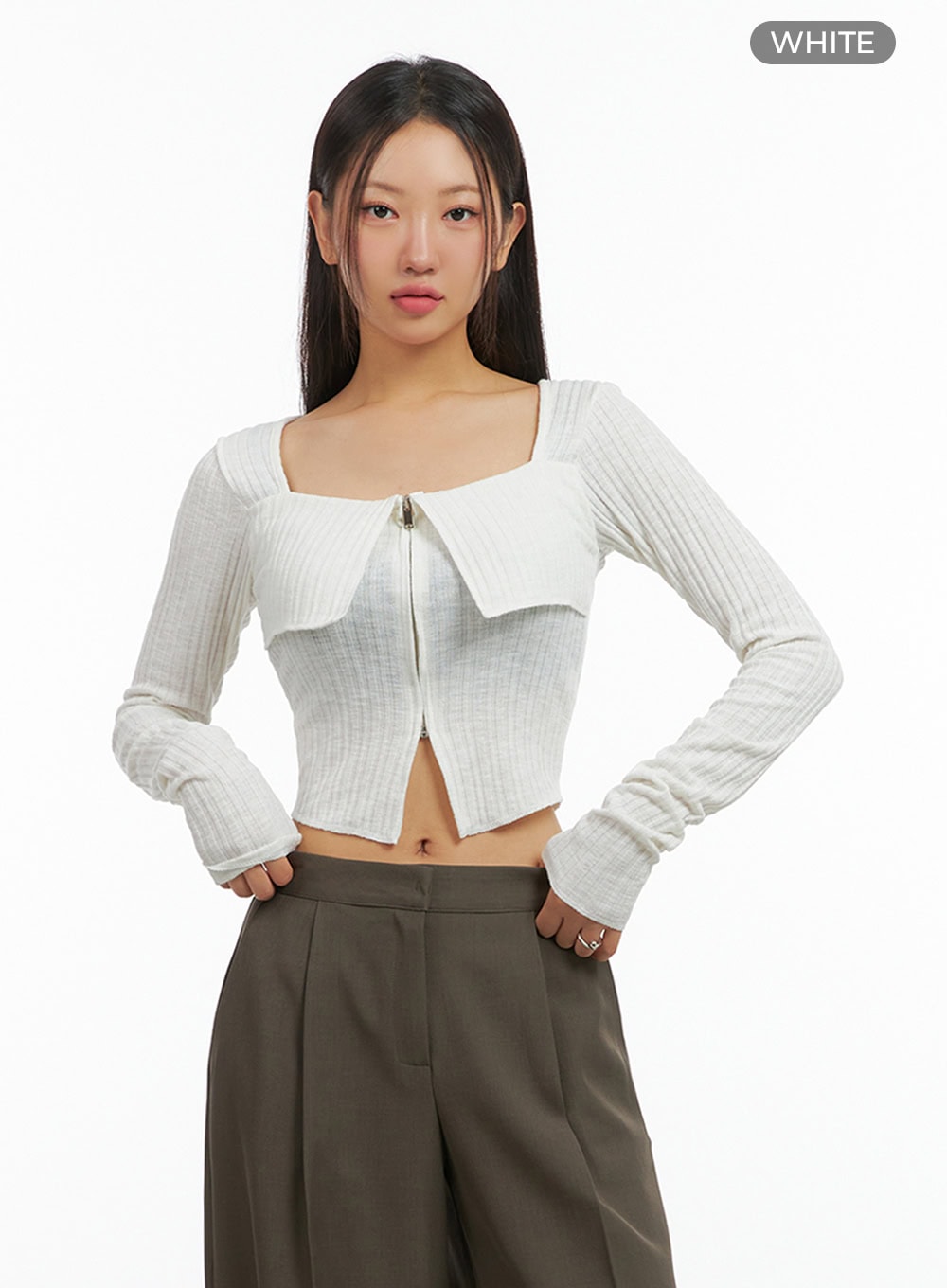 Slit Zip-Up Square Neck Crop Top IS402