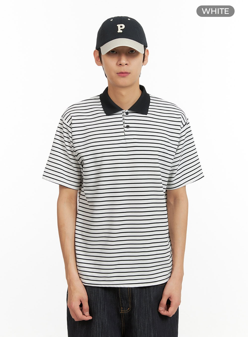 Men's Striped Collar T-Shirt (White) IU405