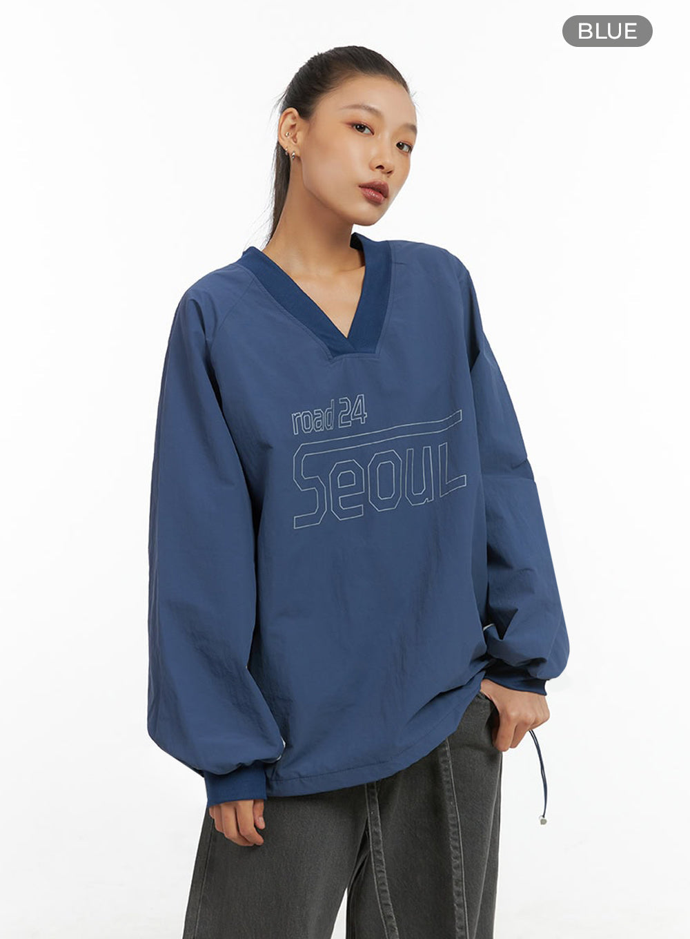 Long Sleeve Loose Fit Nylon V-Neck Sweatshirt IO409