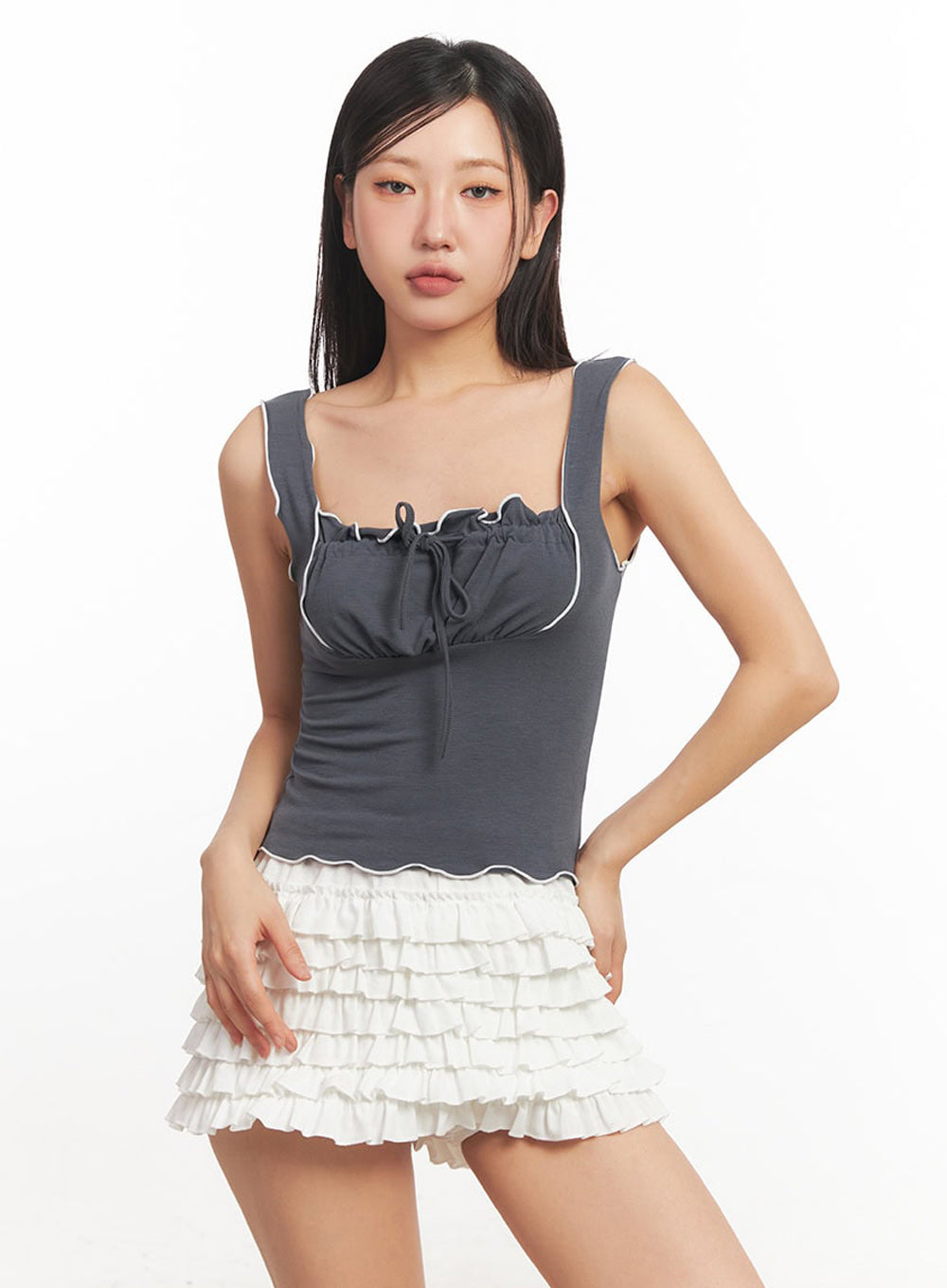 Ribbon Frill Square-Neck Crop Tank Top IA524