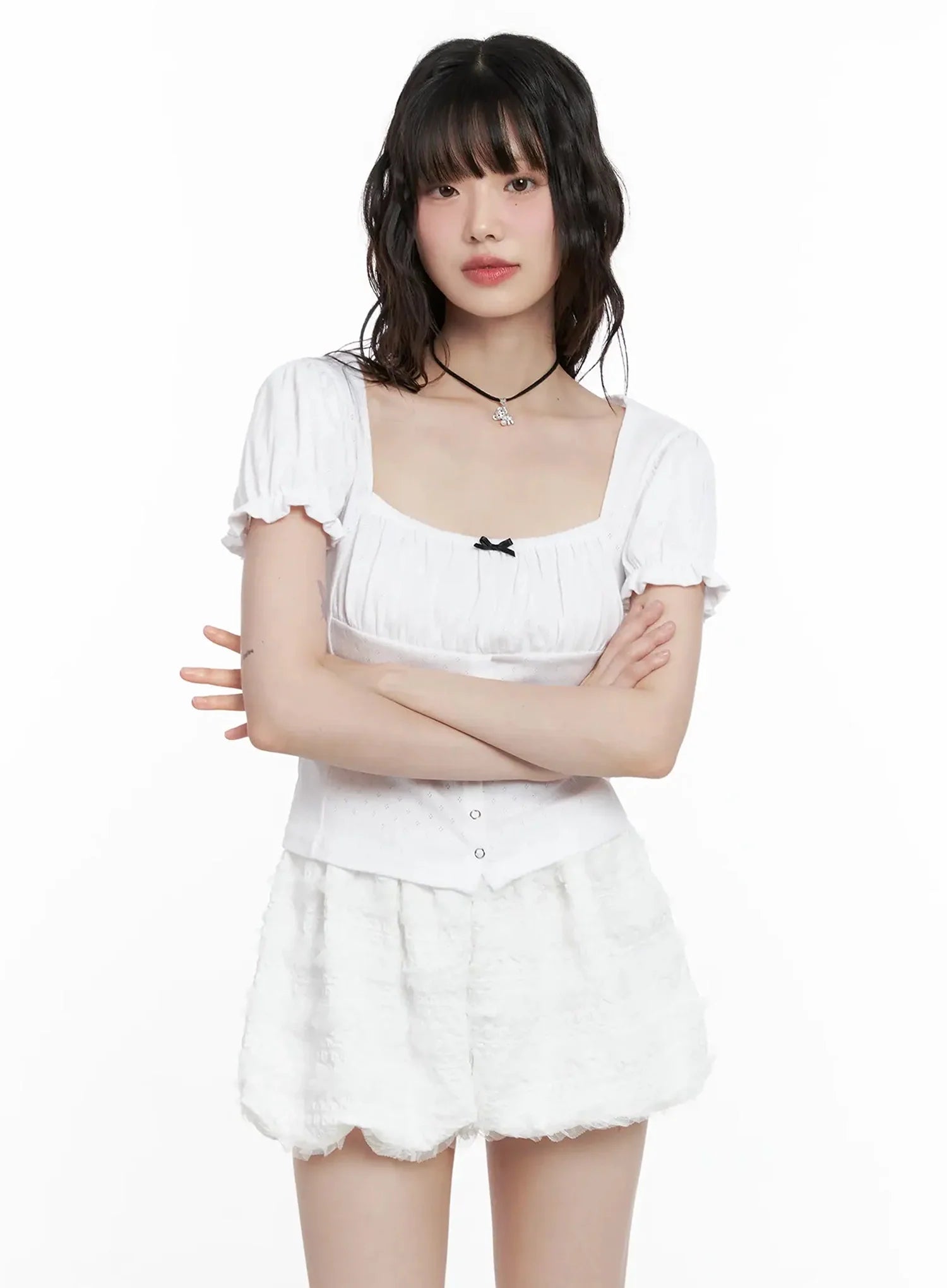 Ribbon-Detail Puff-Sleeve Top IL528