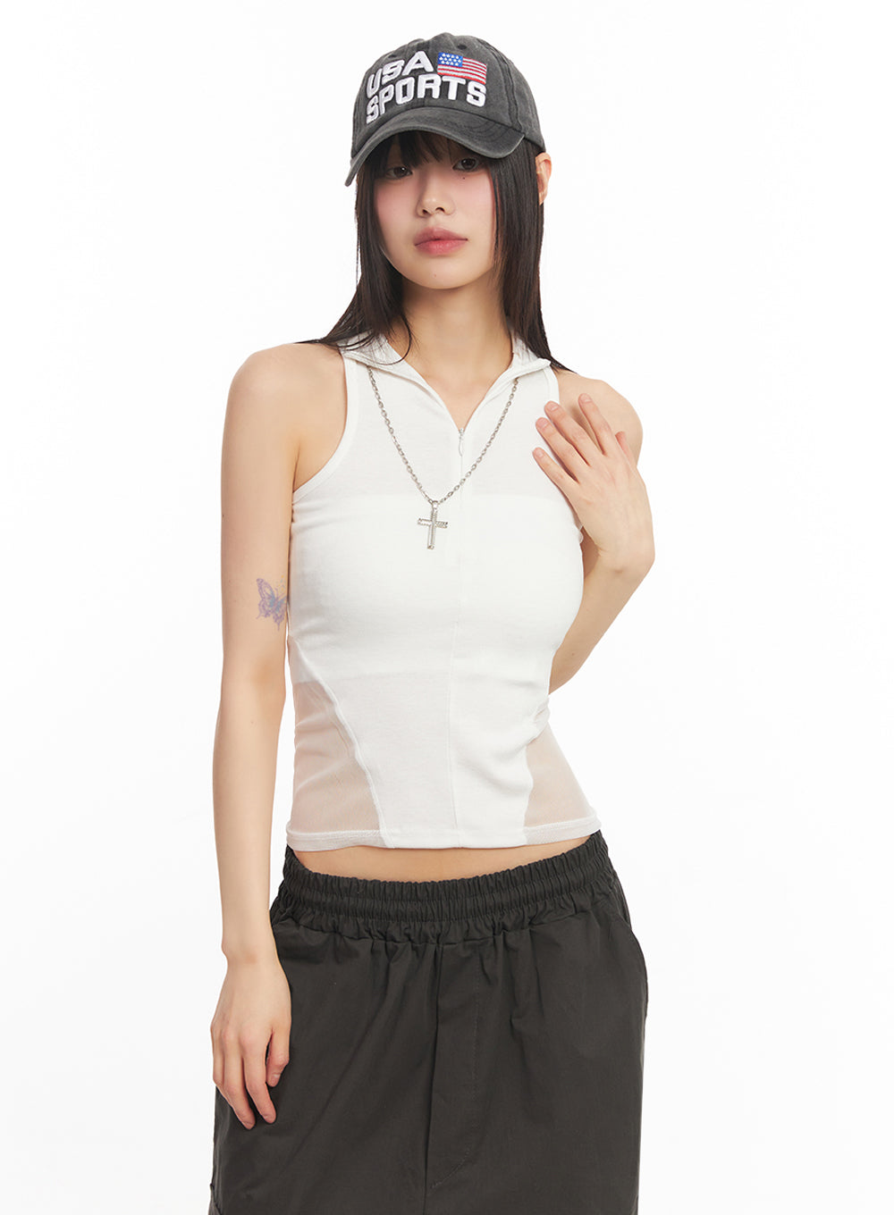 Mesh Sleeveless Collared Crop Top IY502