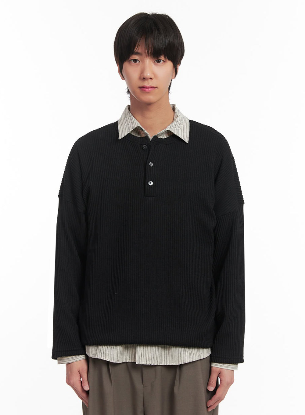 Men's Ribbed Buttoned Long-Sleeve Shirt IA510