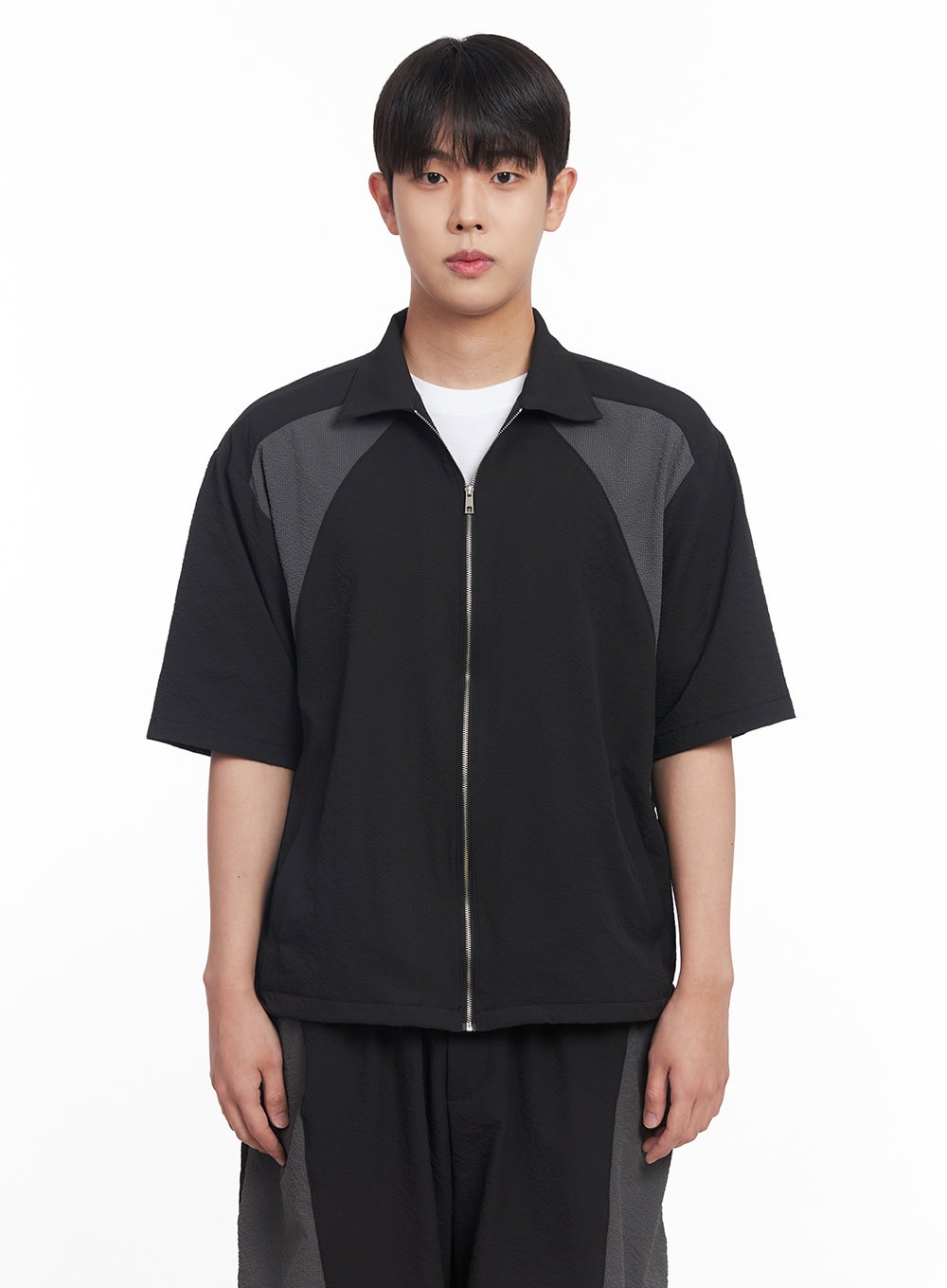 Men's Zip-Up Collared Half-Sleeve Shirt IY520