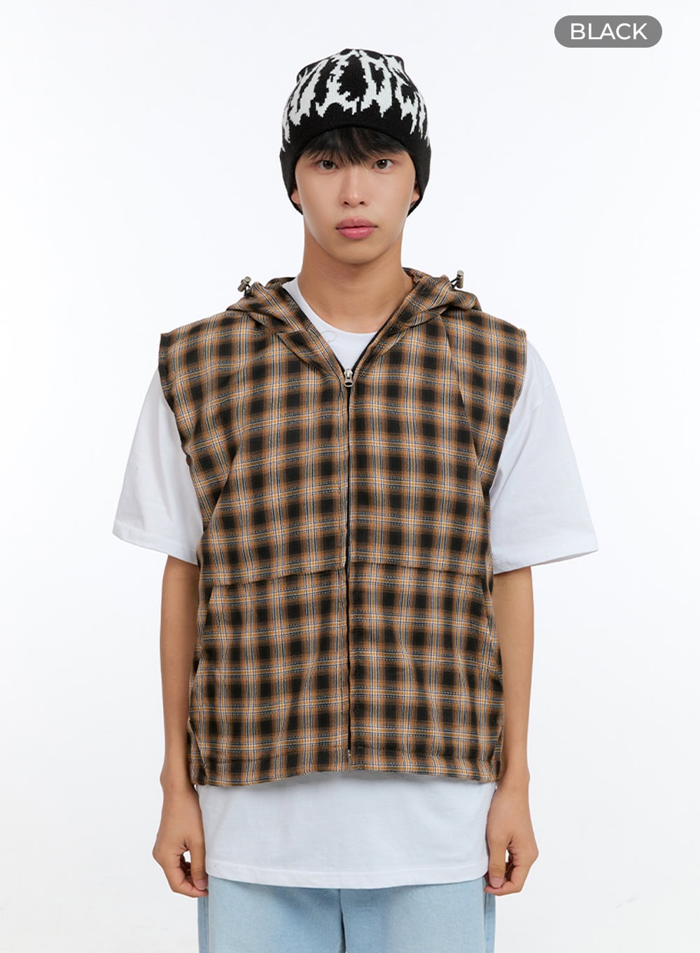Men's Checkered Zip-Up Hooded Vest IG416