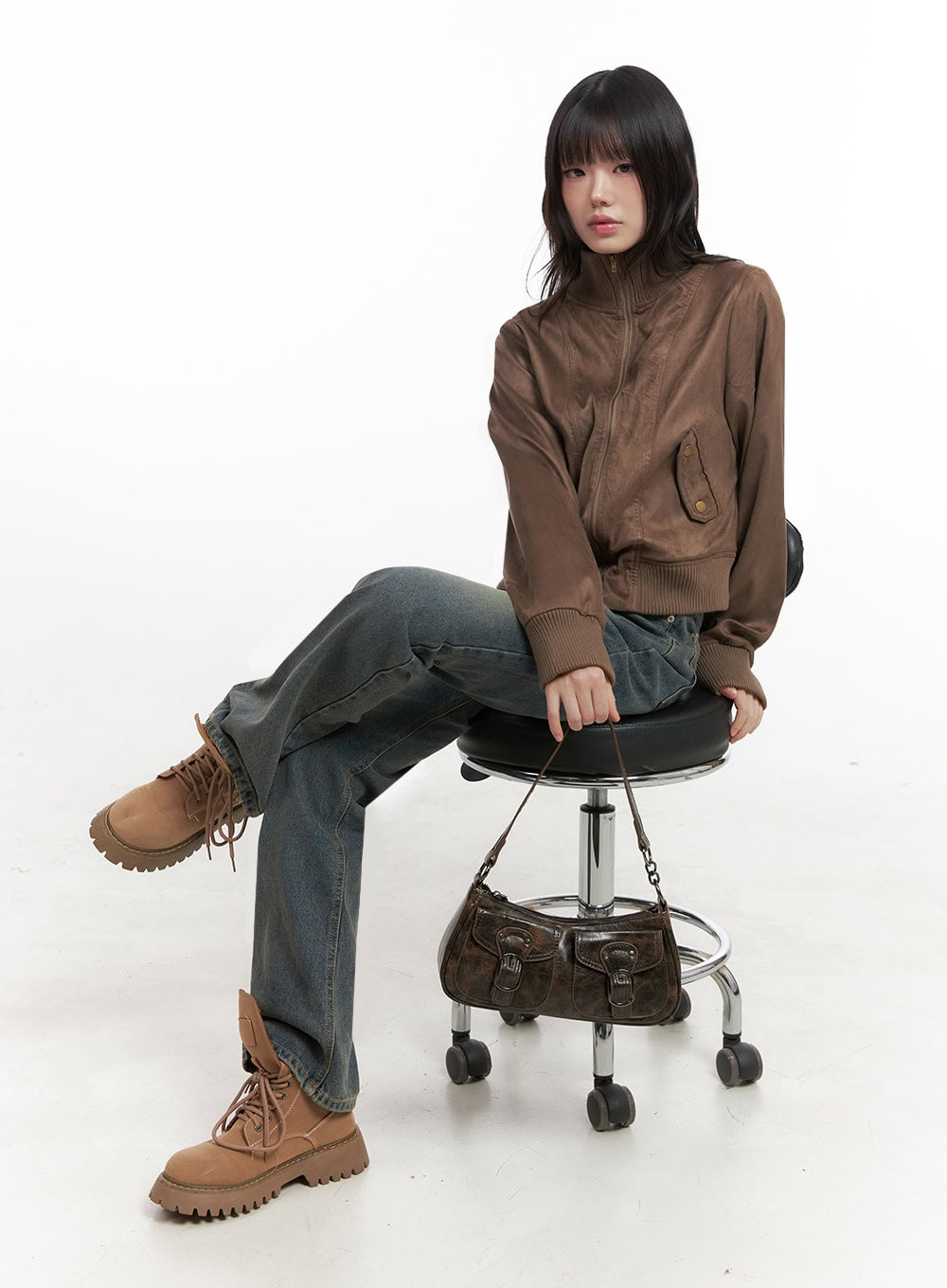 Zip-Up Suede Bomber Jacket ID402