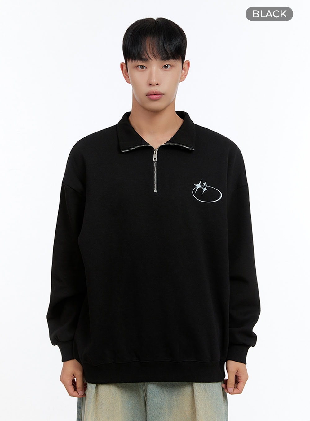 Men's Classic Cotton Half-Zip Graphic Hoodie (Black) IS413