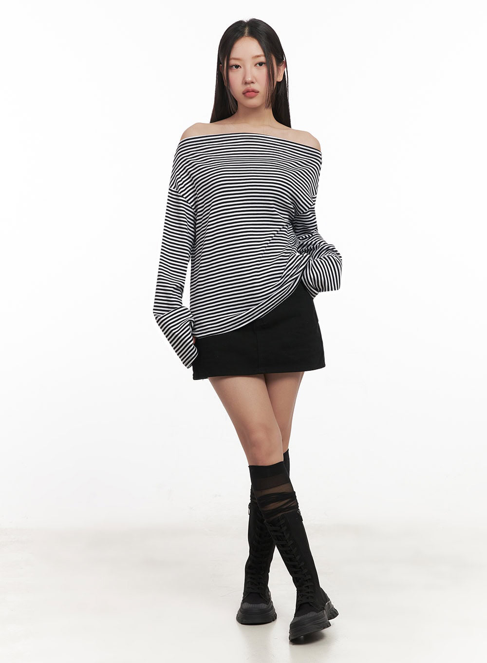 Stripe Long-Sleeve Off-Shoulder Top IM524