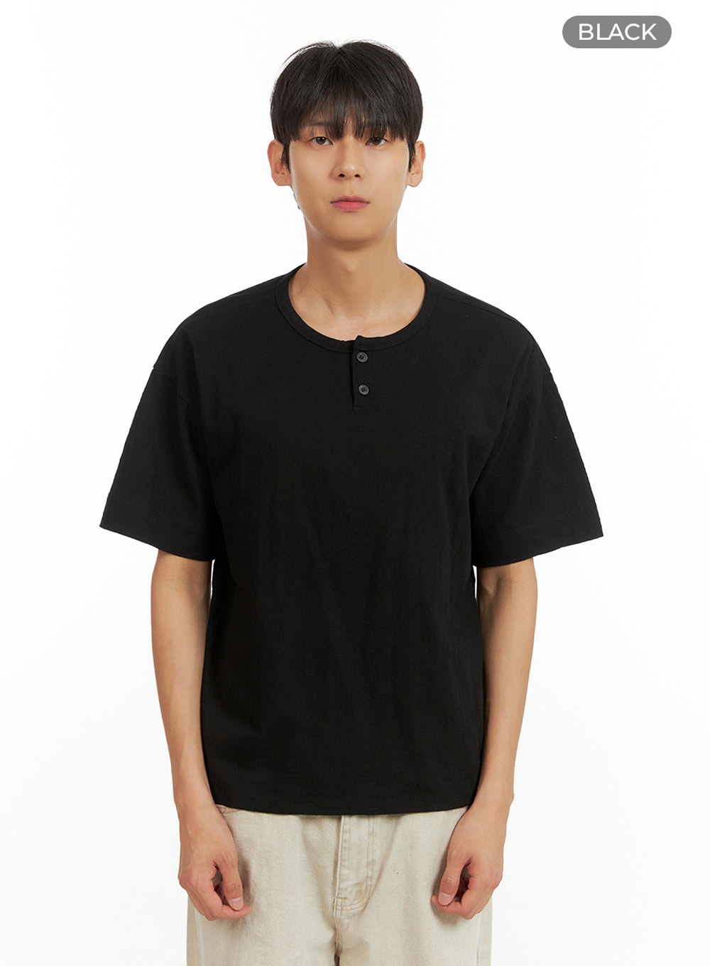 Men's Cotton Round Neck Button T-Shirt (Black) IU419
