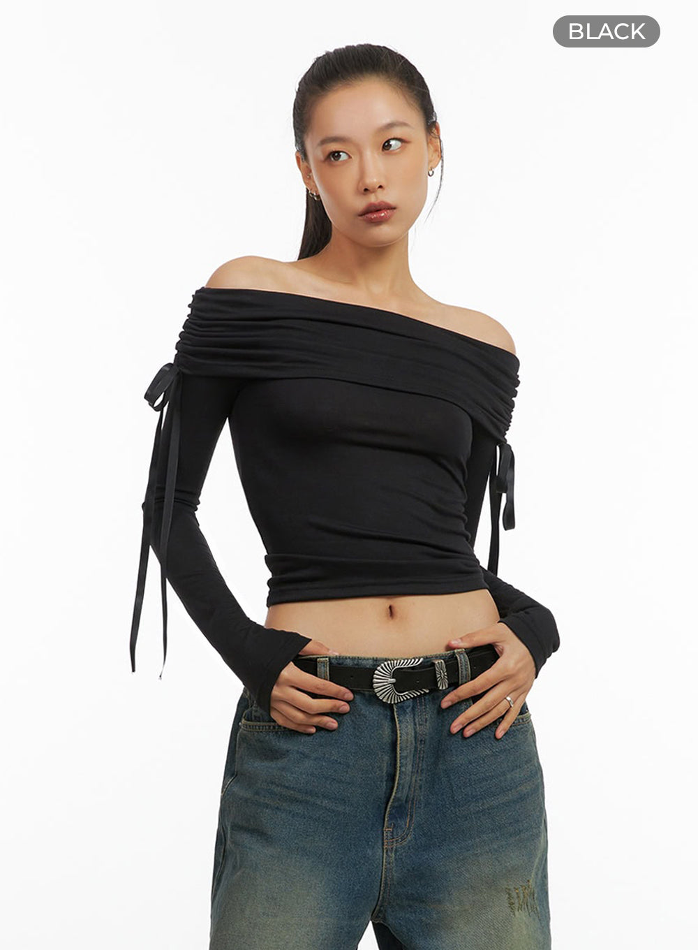 Shirred Solid Off Shoulder Crop Top IO409