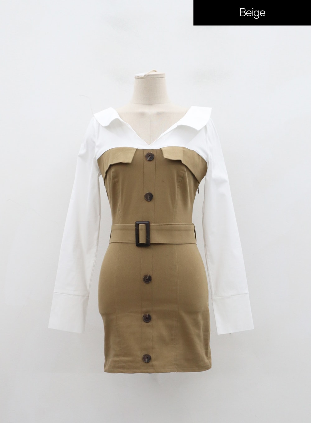 Layered V-Neck Button Belt Mini Dress ID29