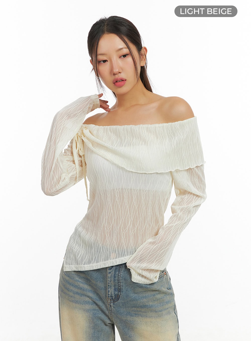 See-Through Textured Off-Shoulder Top IS402