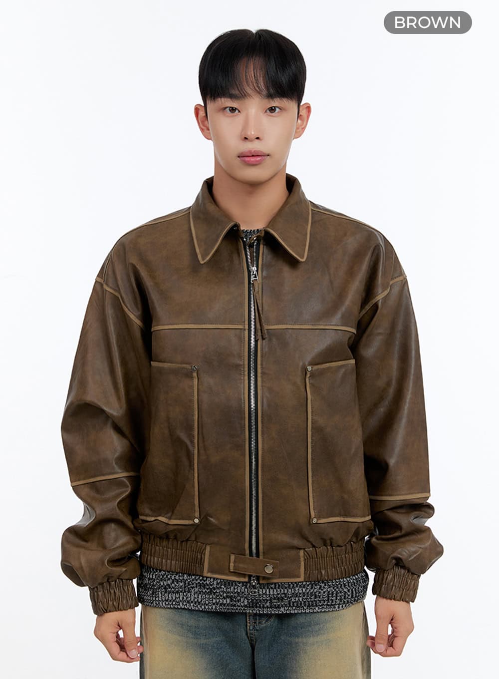 Men's Washed Vintage Zip-Up Leather Jacket IS413