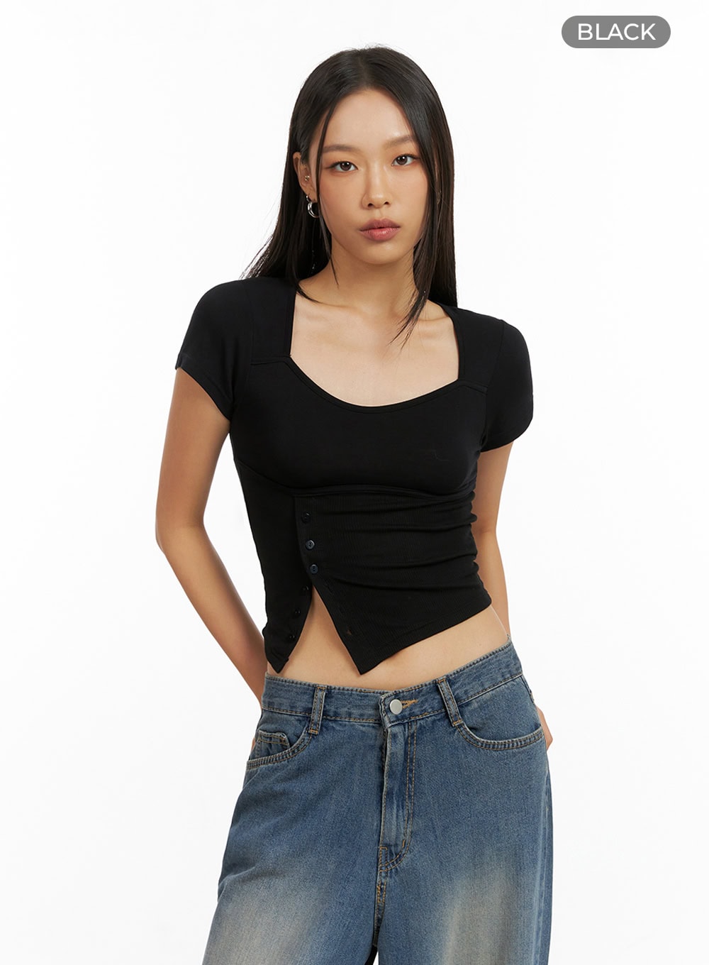 Asymmetrical Buttoned Square Neck Crop Top IG405