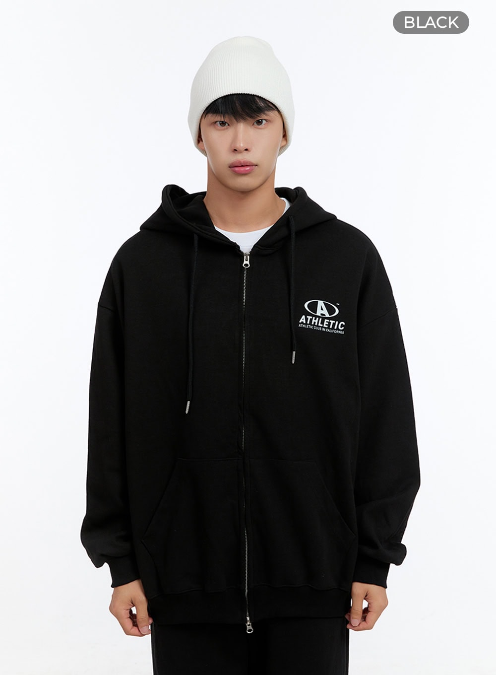 Men's Two-Way Zip-Up Lettered Hoodie (Black) IS412