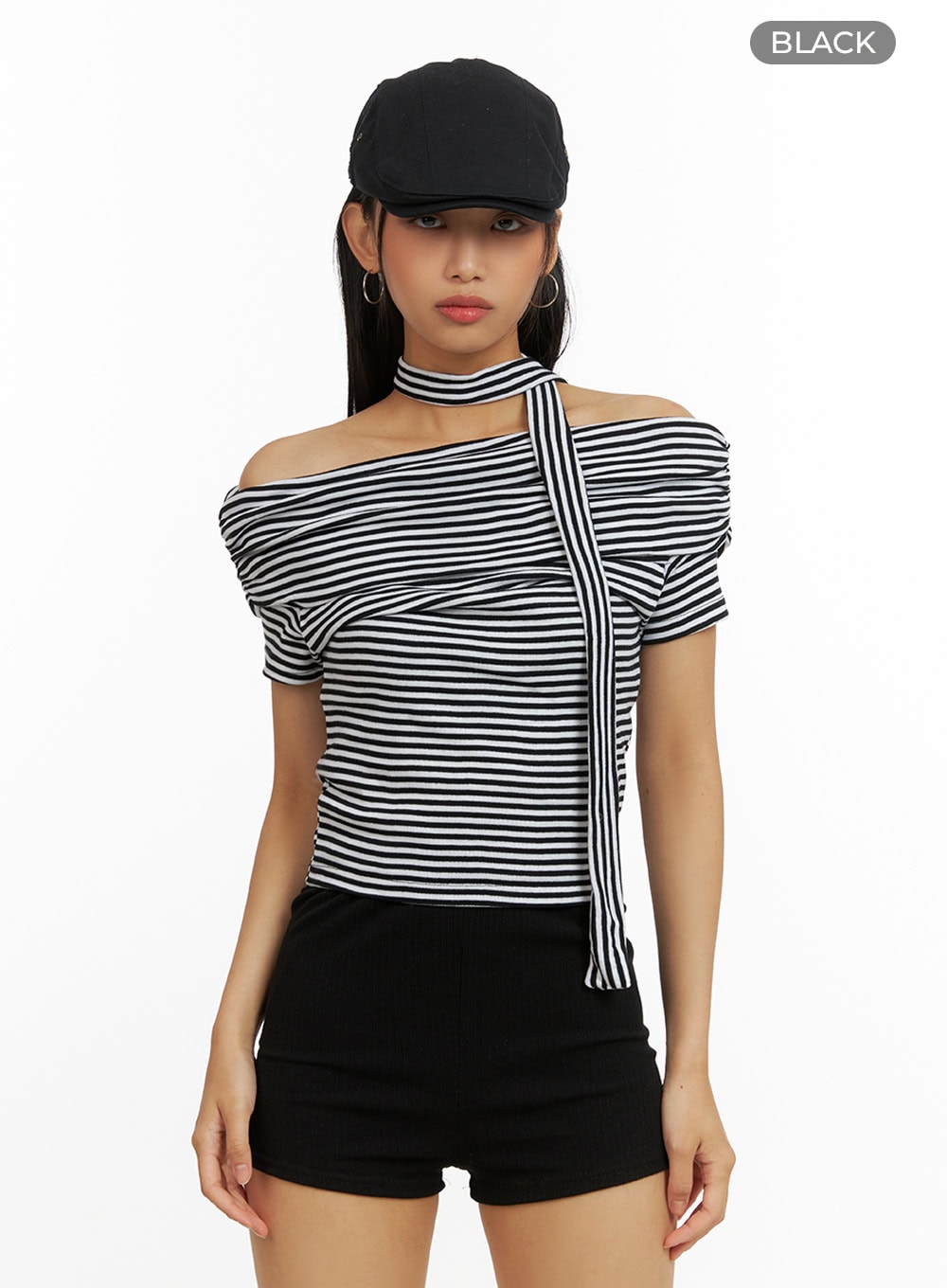 Cotton Stripe Shirred Off Shoulder Crop Top with Scarf IU412