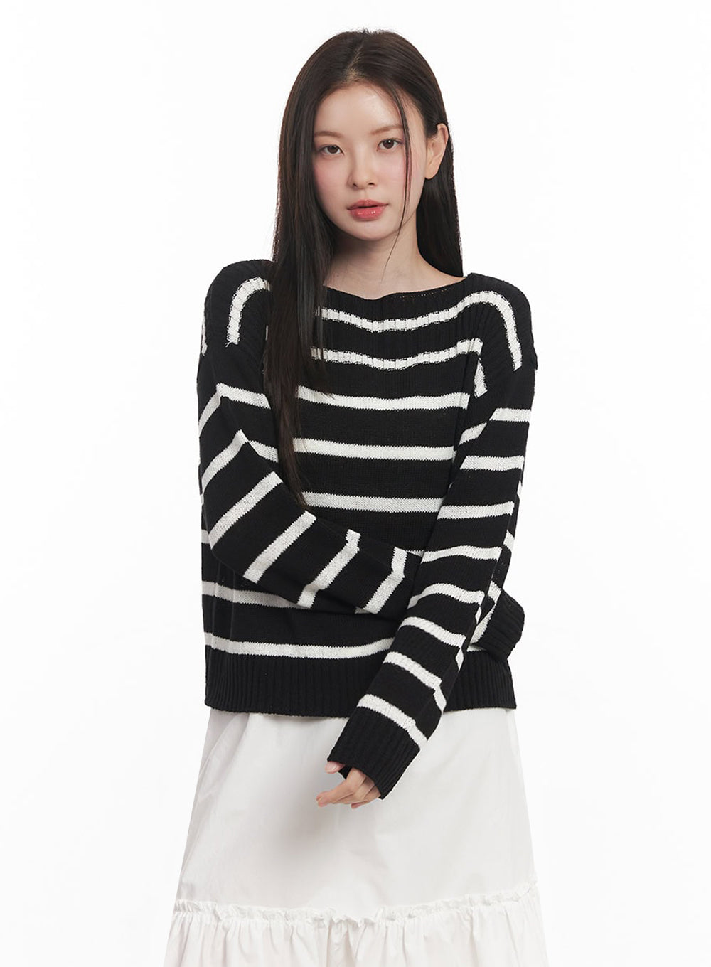 Stripe Boat-Neck Knit Sweater IY509