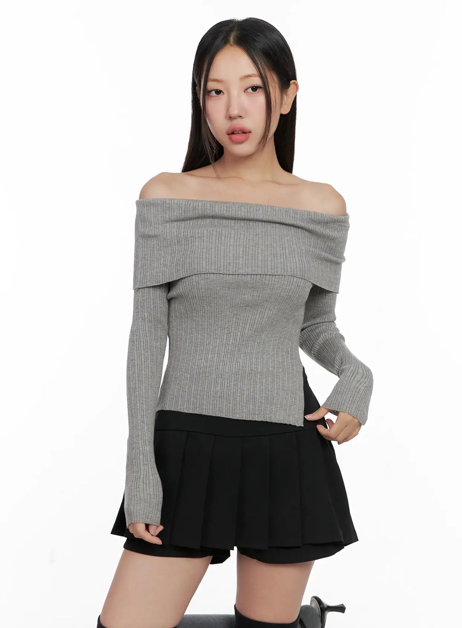 Ribbed Folded Off-Shoulder Top IG527