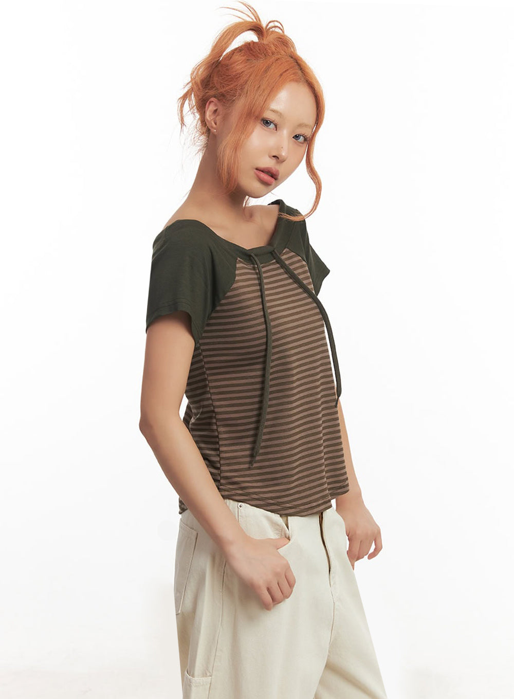 Stripe Off-Shoulder Hooded Top IA517