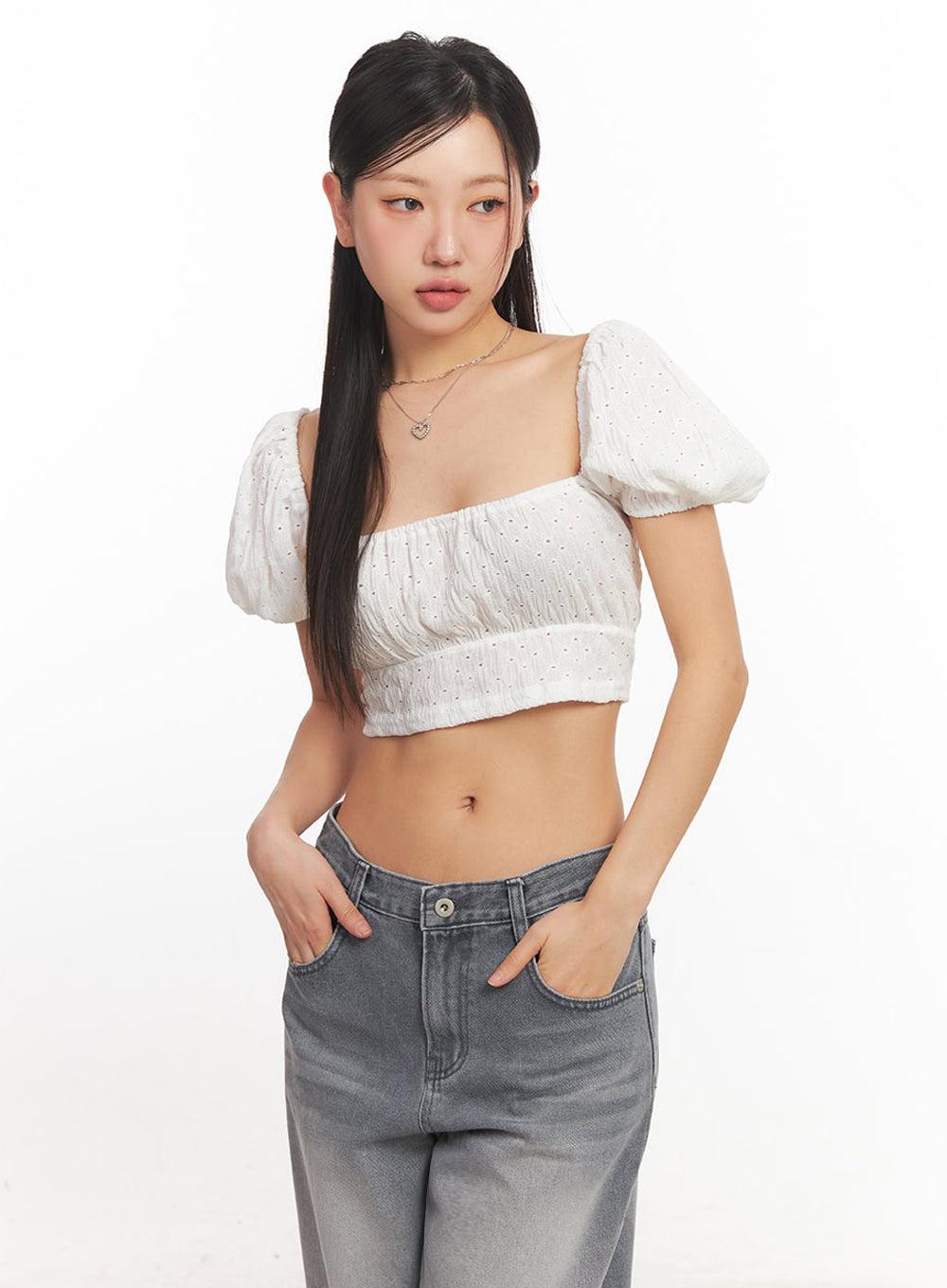 Puff-Sleeve Square Neck Crop Top IA525