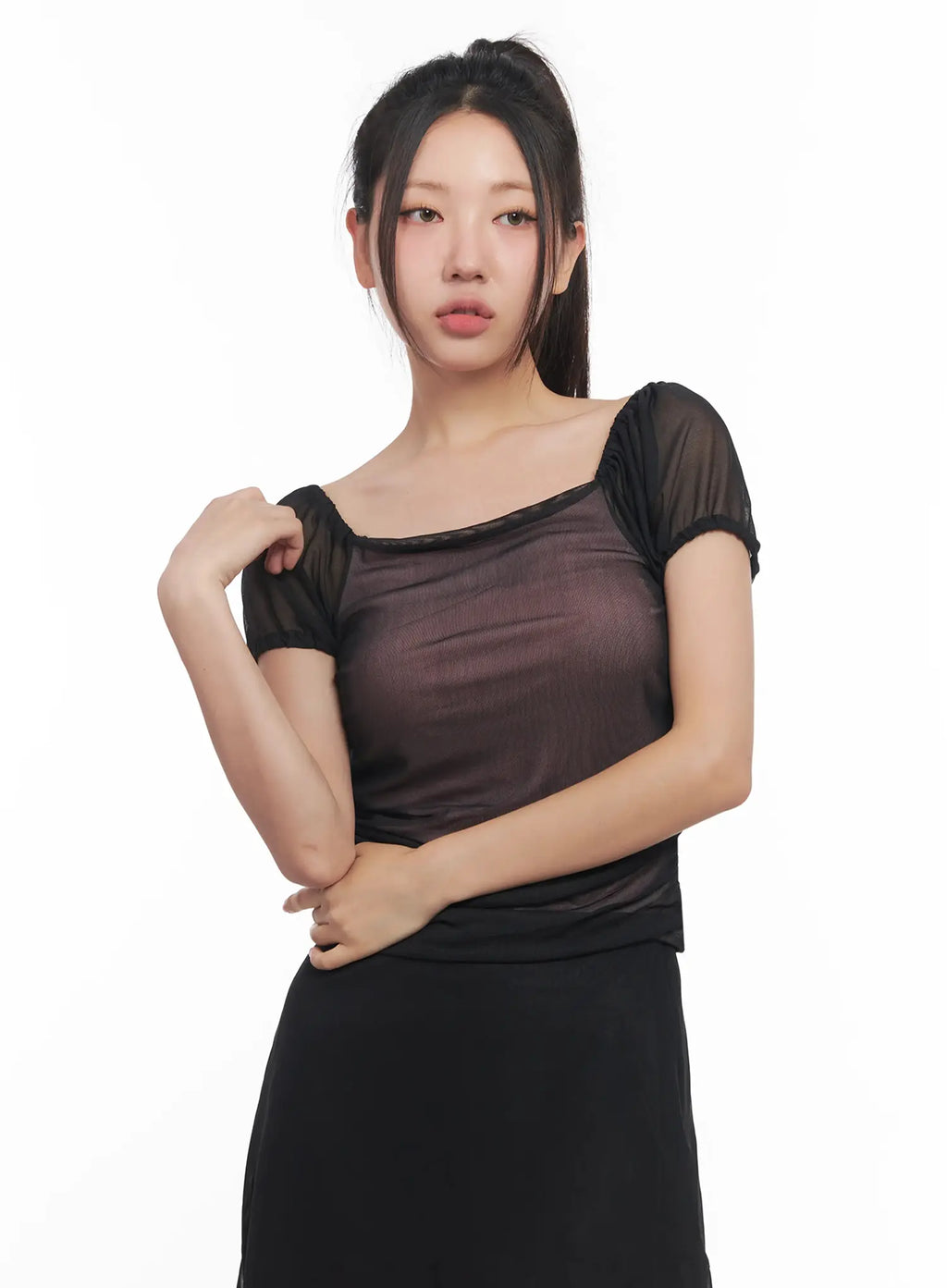 Sheer Puff-Sleeve Crop Top IU509