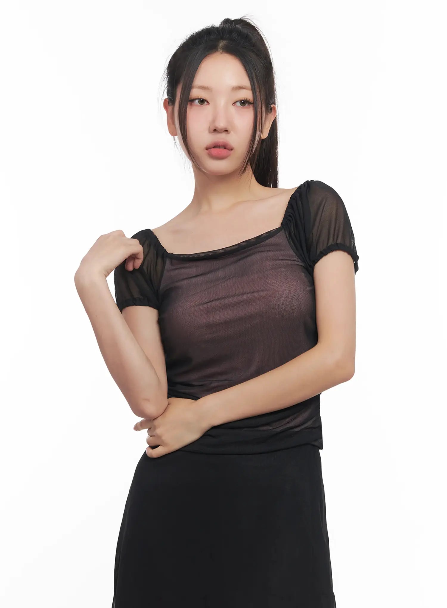 Sheer Puff-Sleeve Crop Top IU509