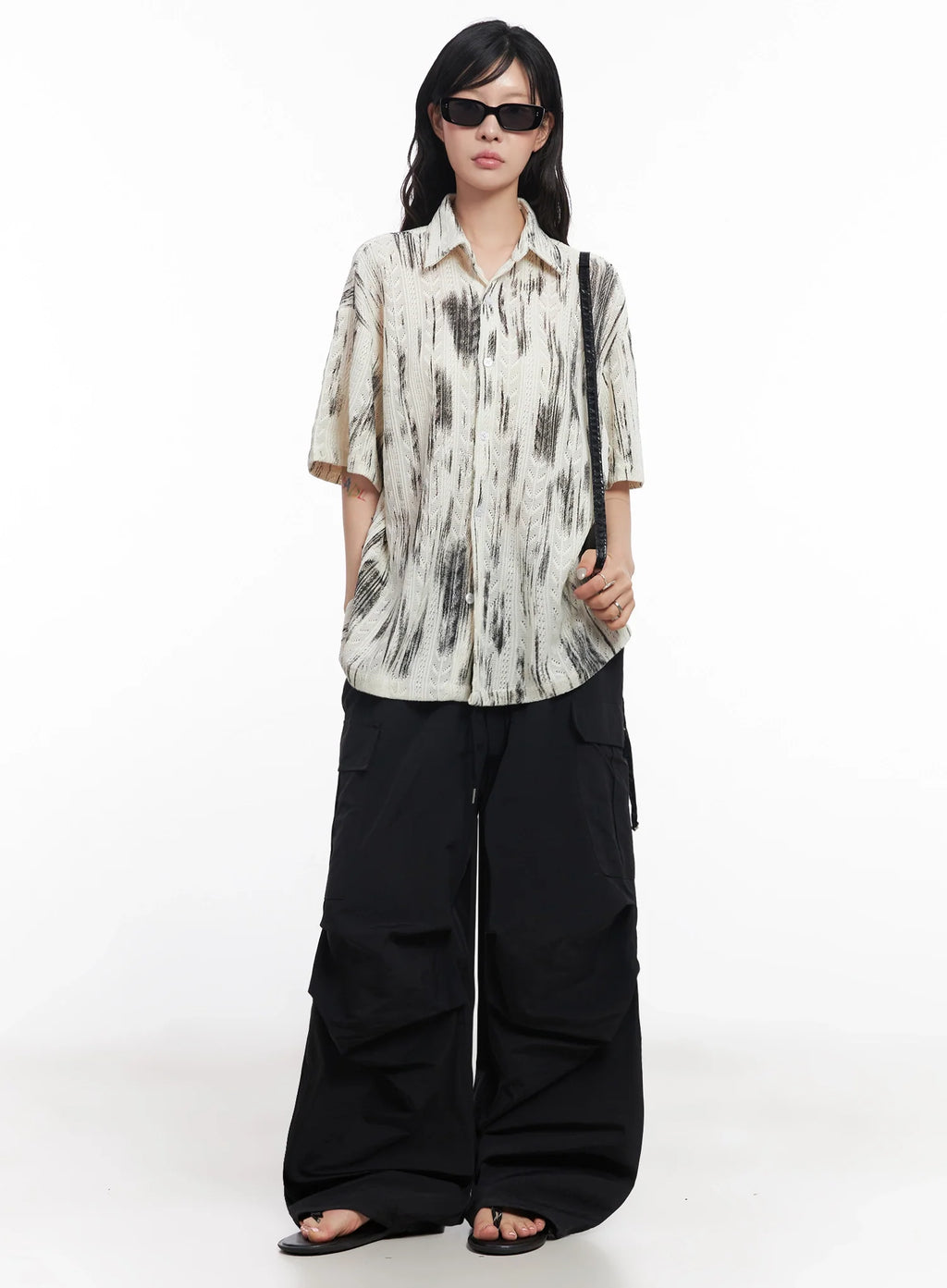 Brushstroke Knit Collared Button-Up Top IC503