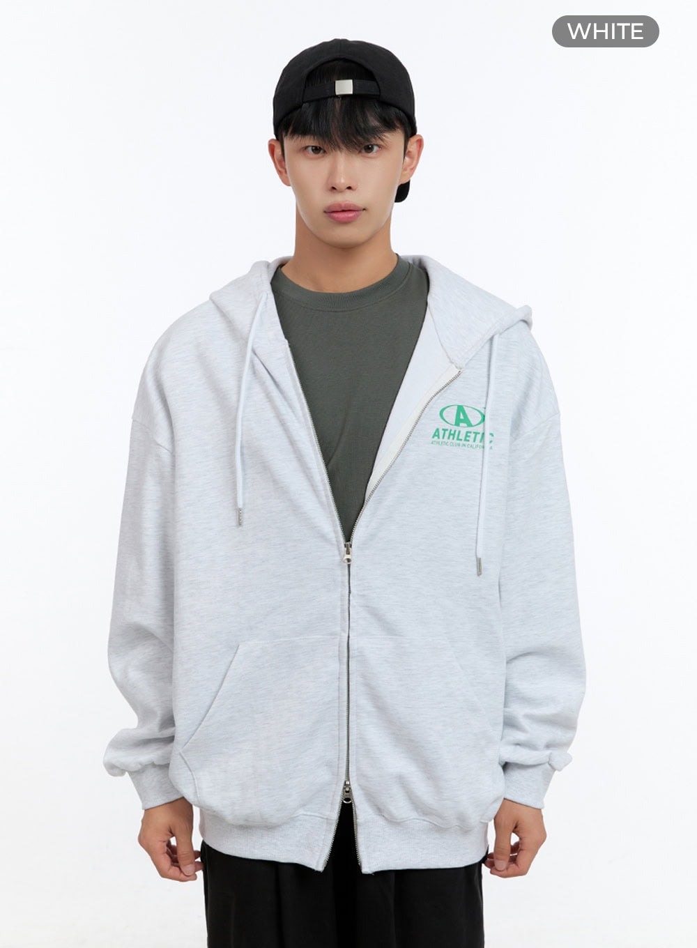 Men's Two-Way Zip-Up Lettered Hoodie (White) IS412