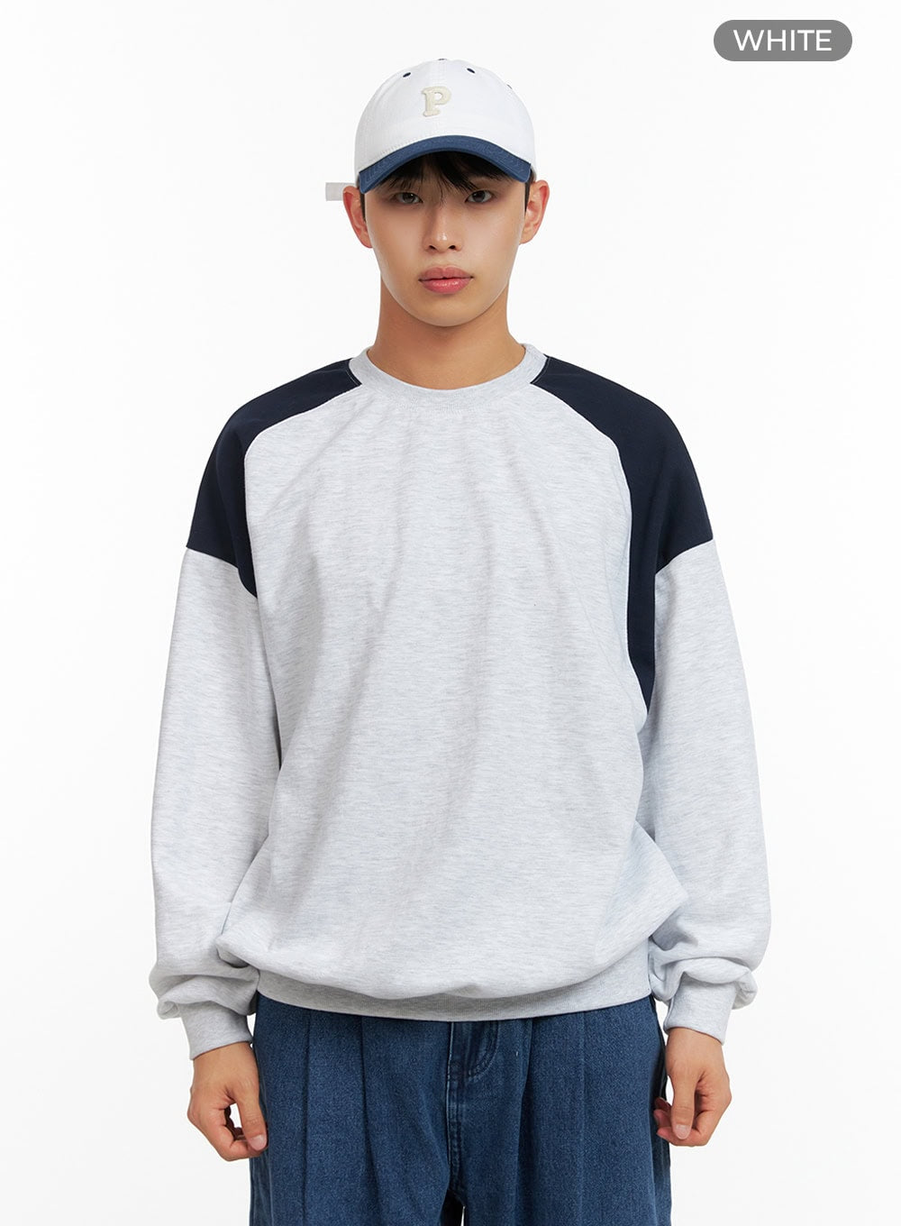 Men's Cozy Contrasting Crewneck Sweatshirt (White) IU414