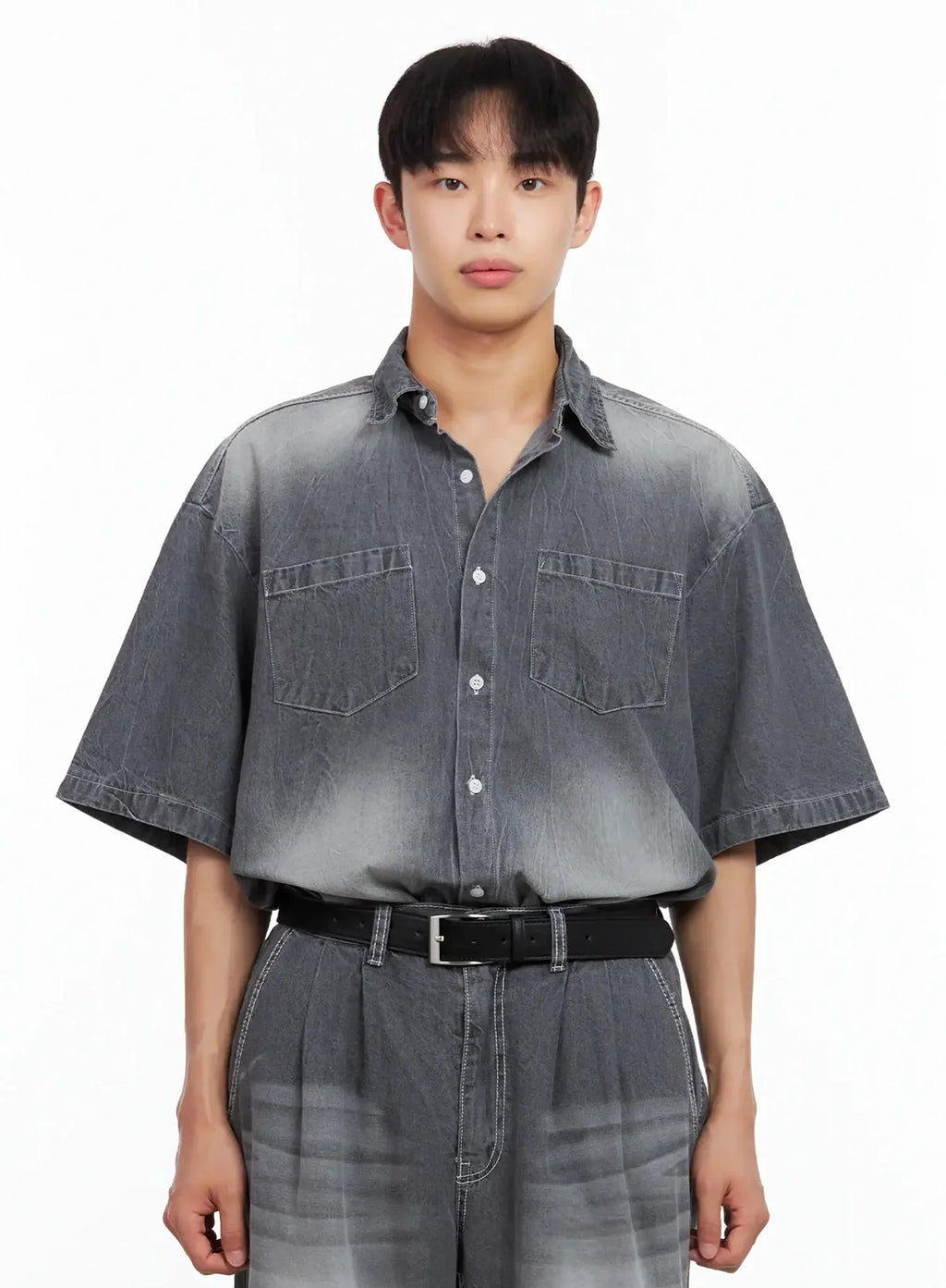 Men's Washed Denim Button-Up Top IL516