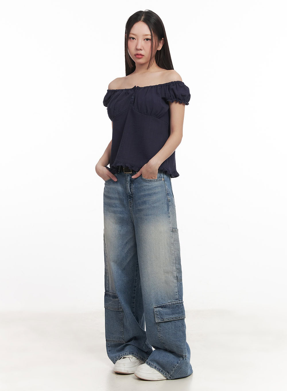 Frill Buttoned Off-Shoulder Blouse Top IM528