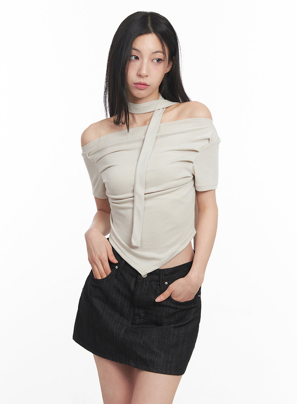 Off-Shoulder Crop Tee & Scarf Set IY516