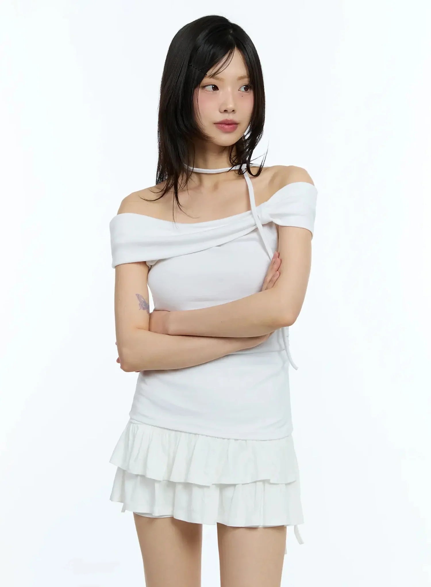 Ribbon Off-Shoulder Tee with Scarf Set IU524