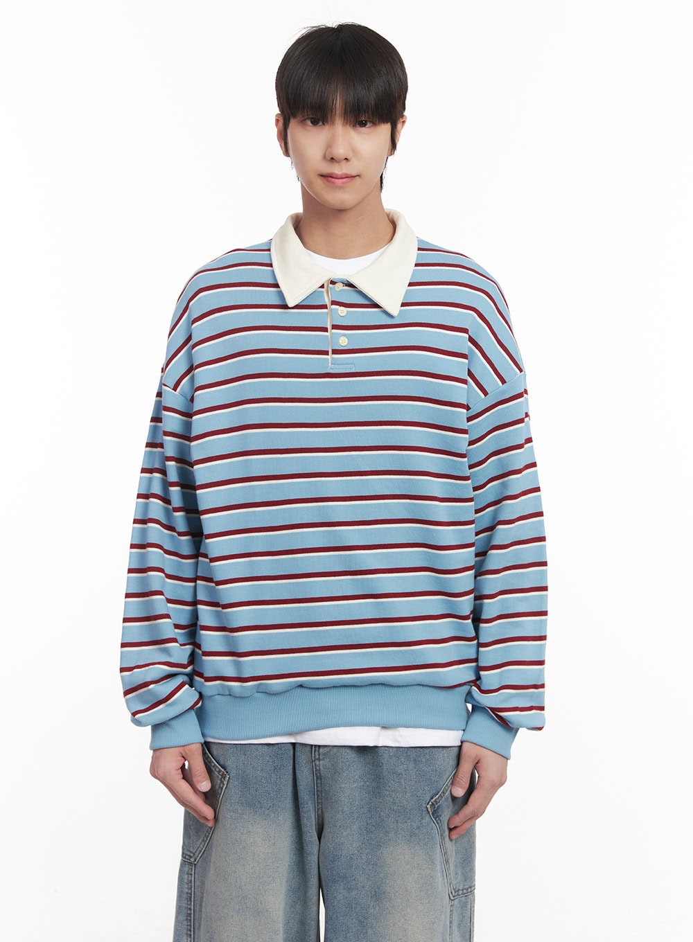 Men's Stripe Collared Sweatshirt (Light Blue) IM518