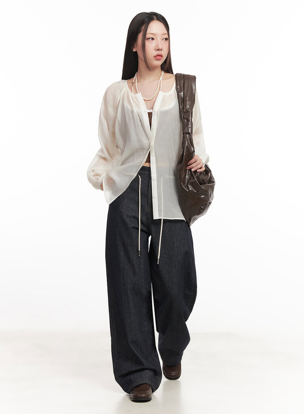 Shirred Sheer Buttoned Blouse IM528