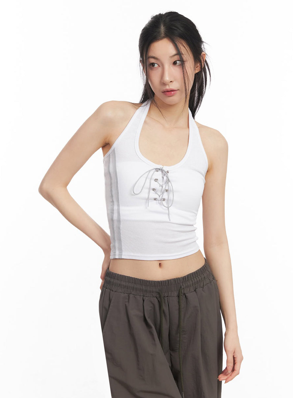 Halter Lace-Up Eyelet Crop Tank Top IY529