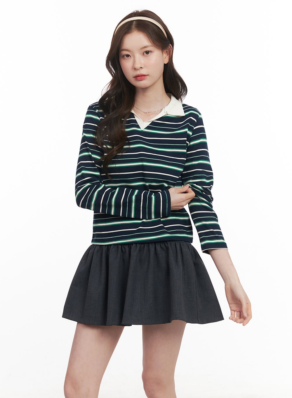 Striped Long-Sleeve Collared Top CM511
