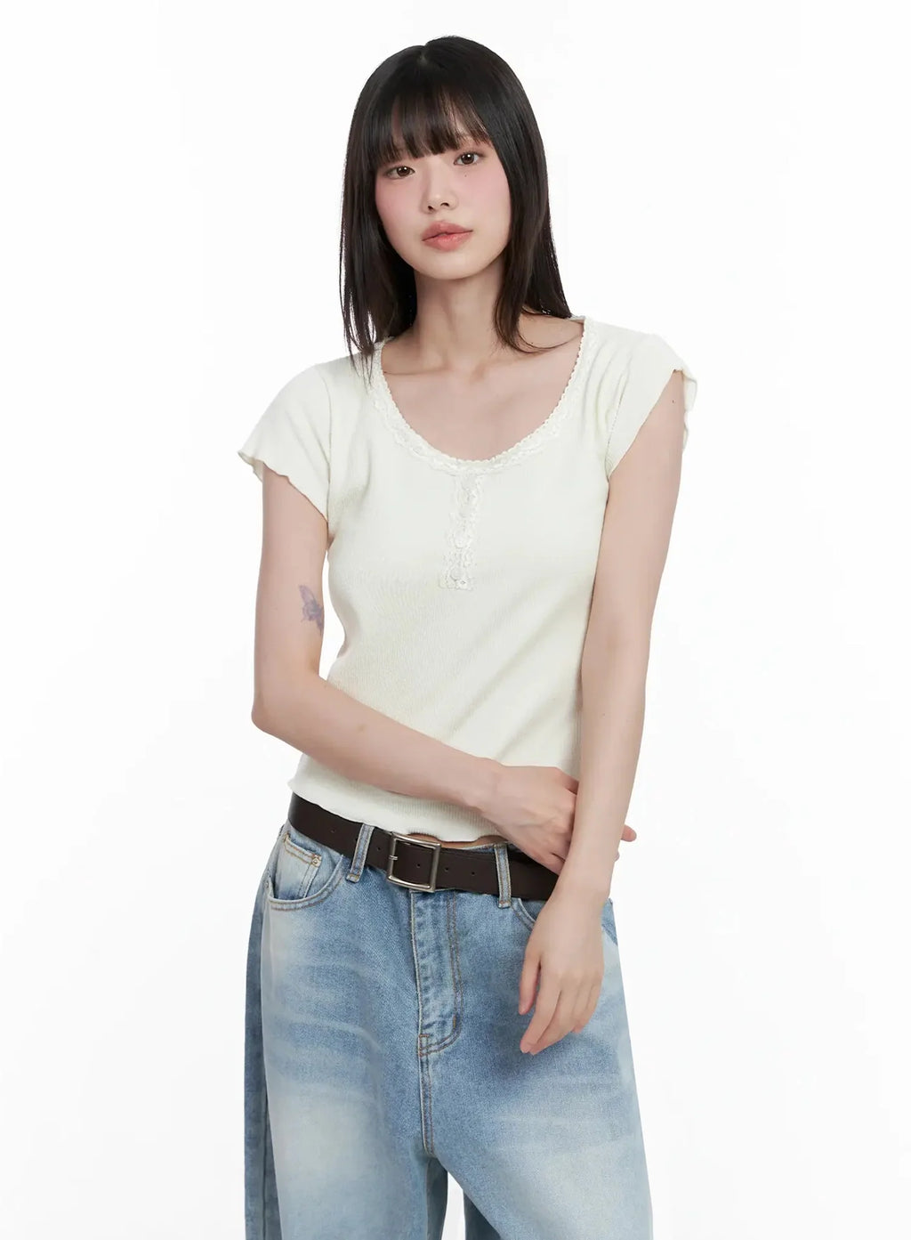 Lace Trimmed Button Short Sleeve IL531