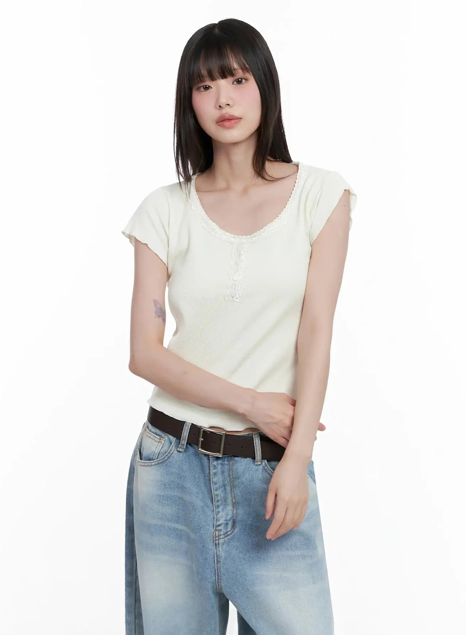 Lace Trimmed Button Short Sleeve IL531