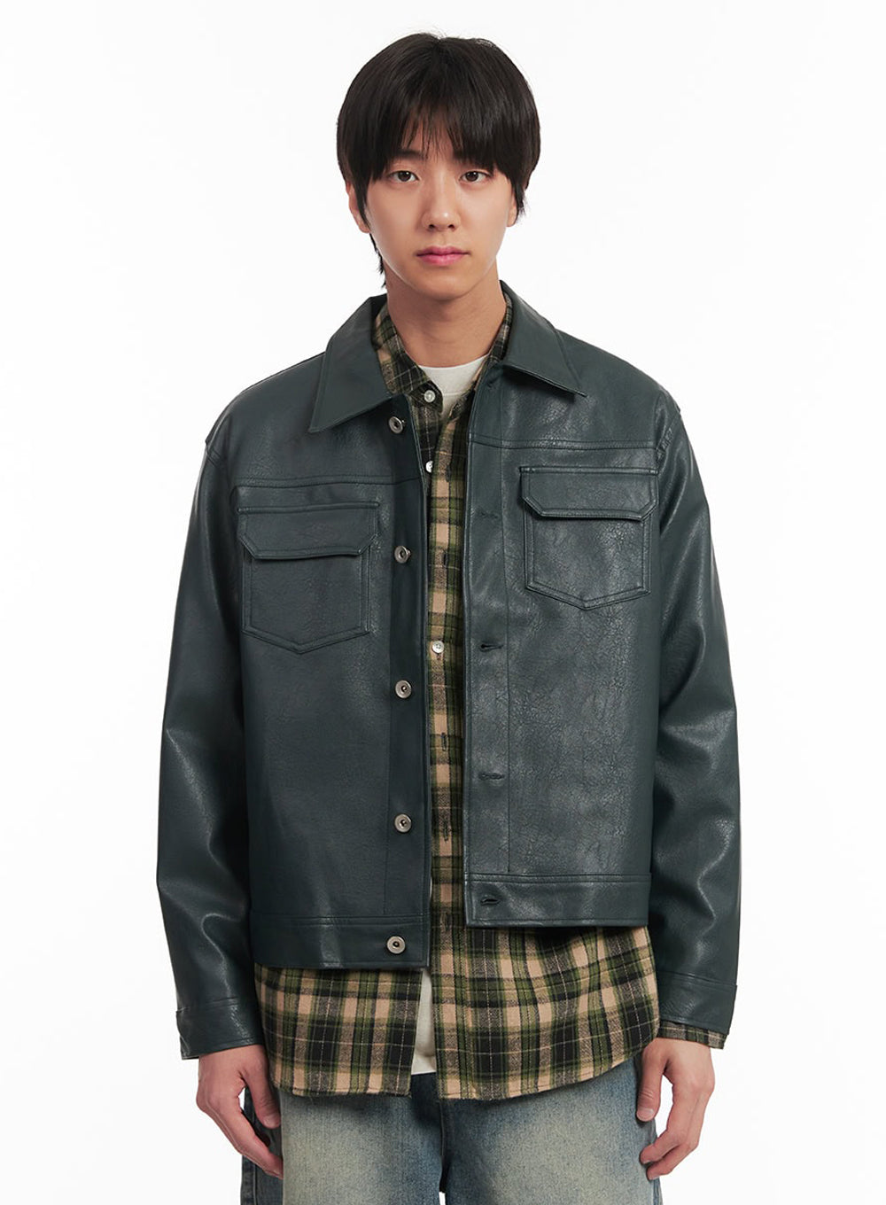 Men's Faux-Leather Collared Trucker Jacket IA511