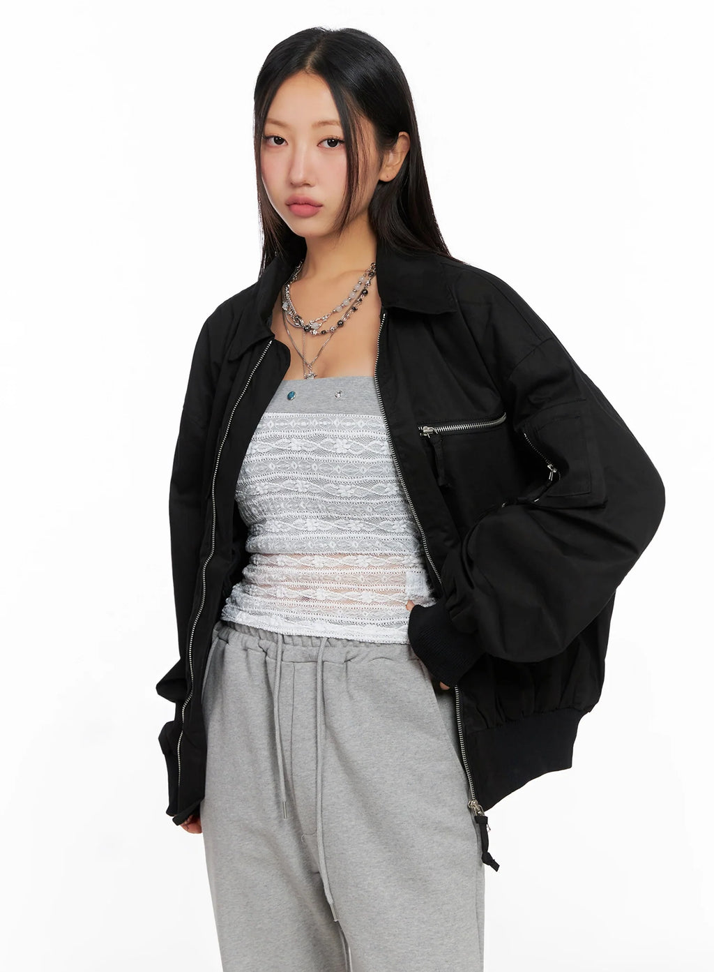 Oversized Zipper Bomber Jacket IG528