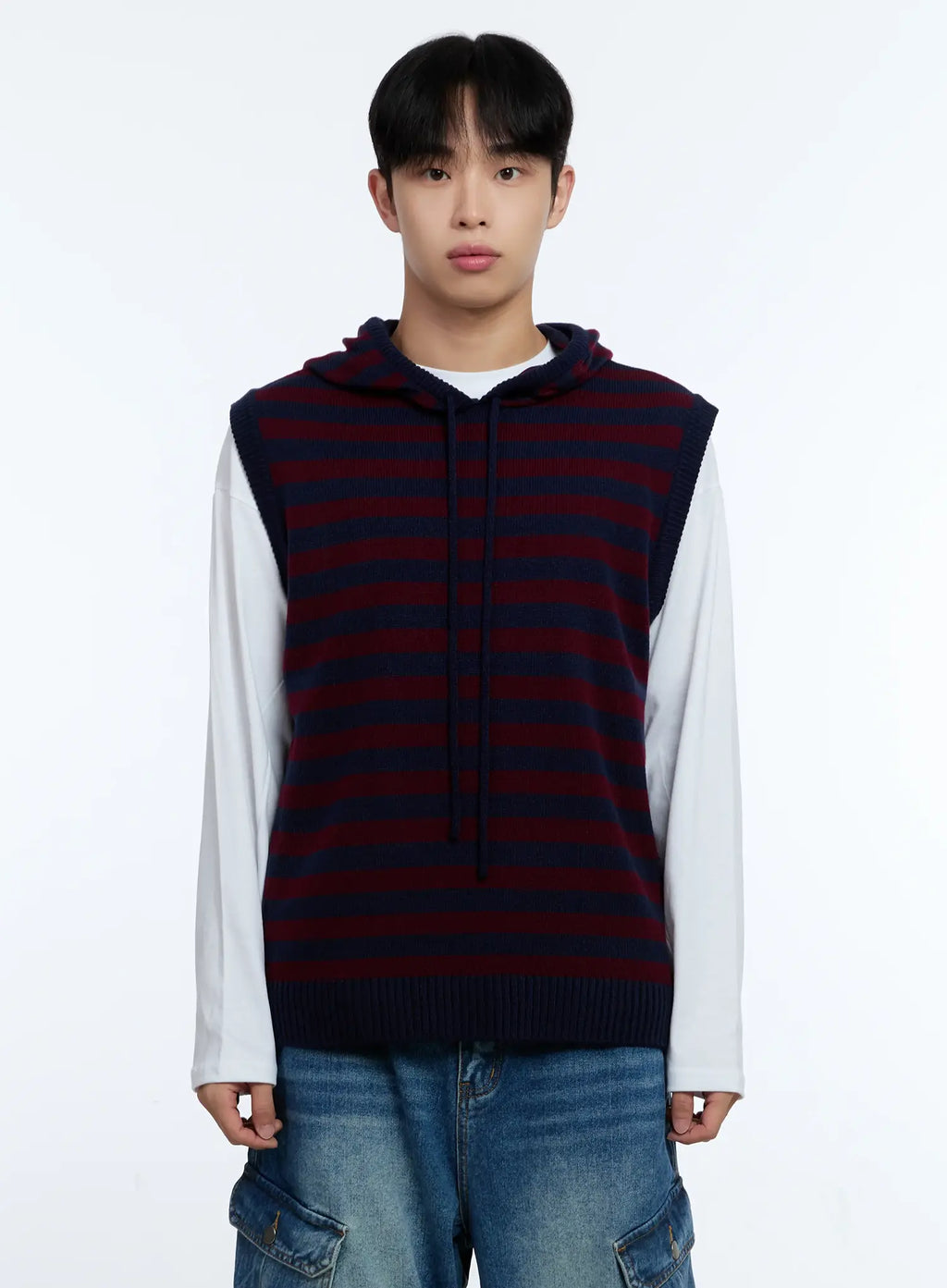 Men's Striped Knit Sleeveless Hoodie IG515