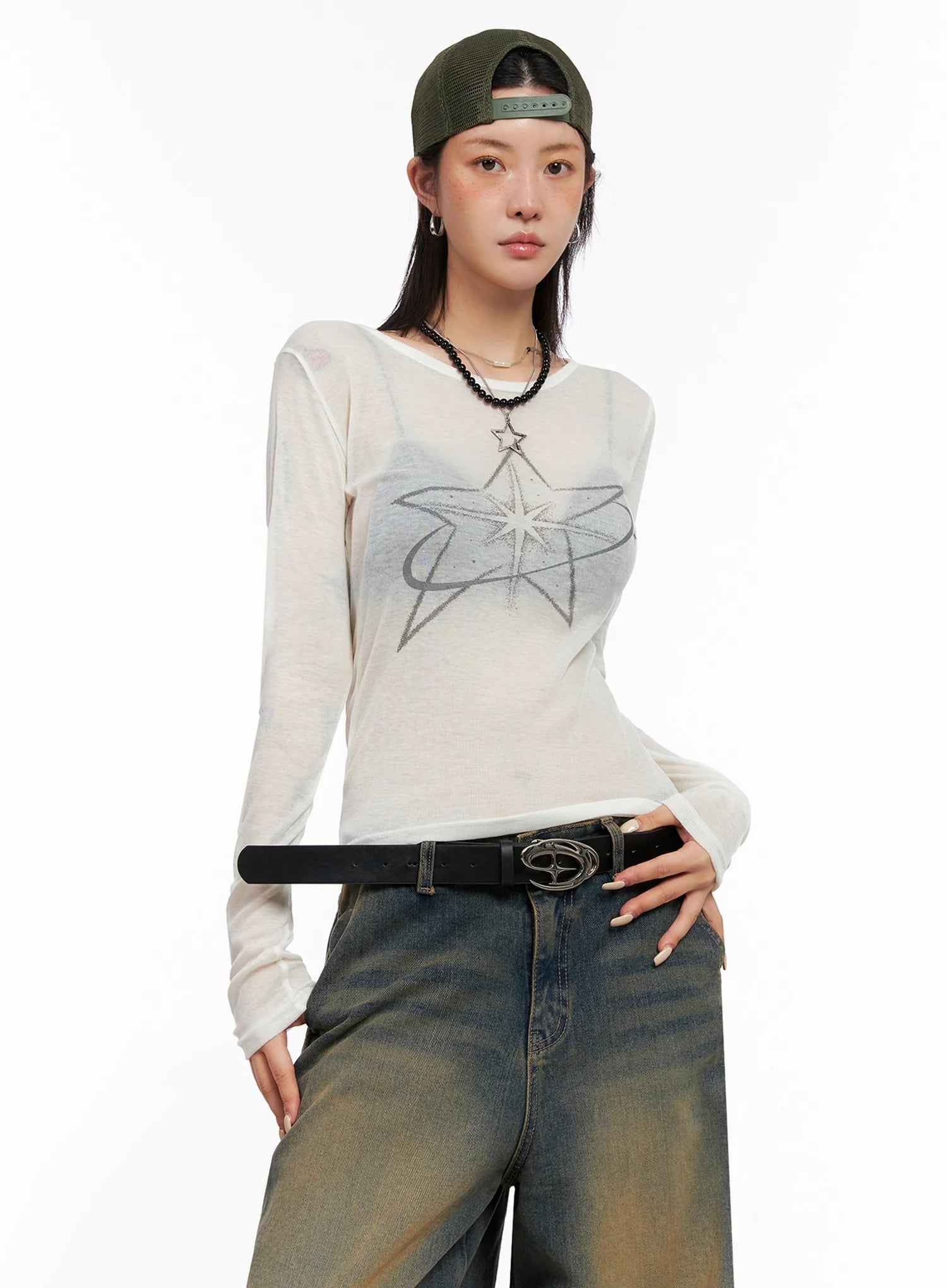 Sheer Star Graphic Long Sleeve Top IS508