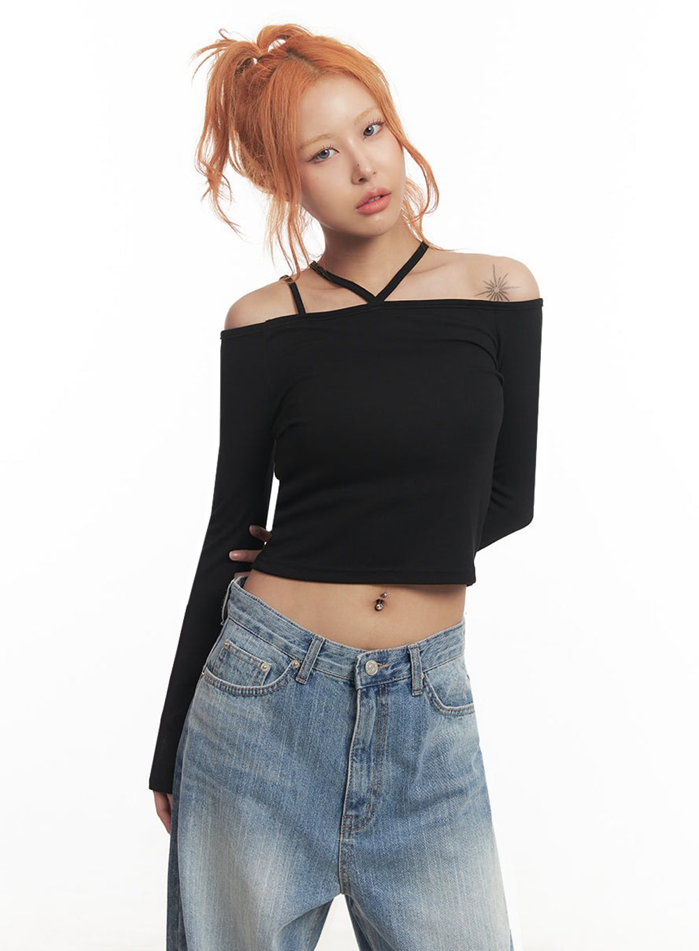 Strap Off-Shoulder Long-Sleeve Crop Top IA517
