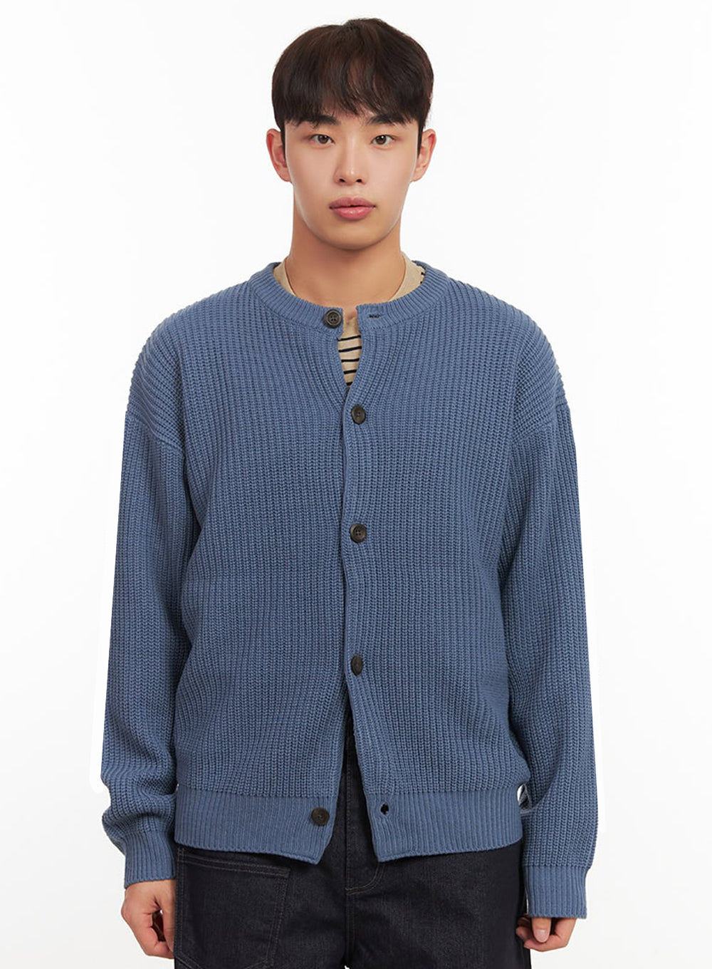 Men's Ribbed Buttoned Round-Neck Cardigan IF517