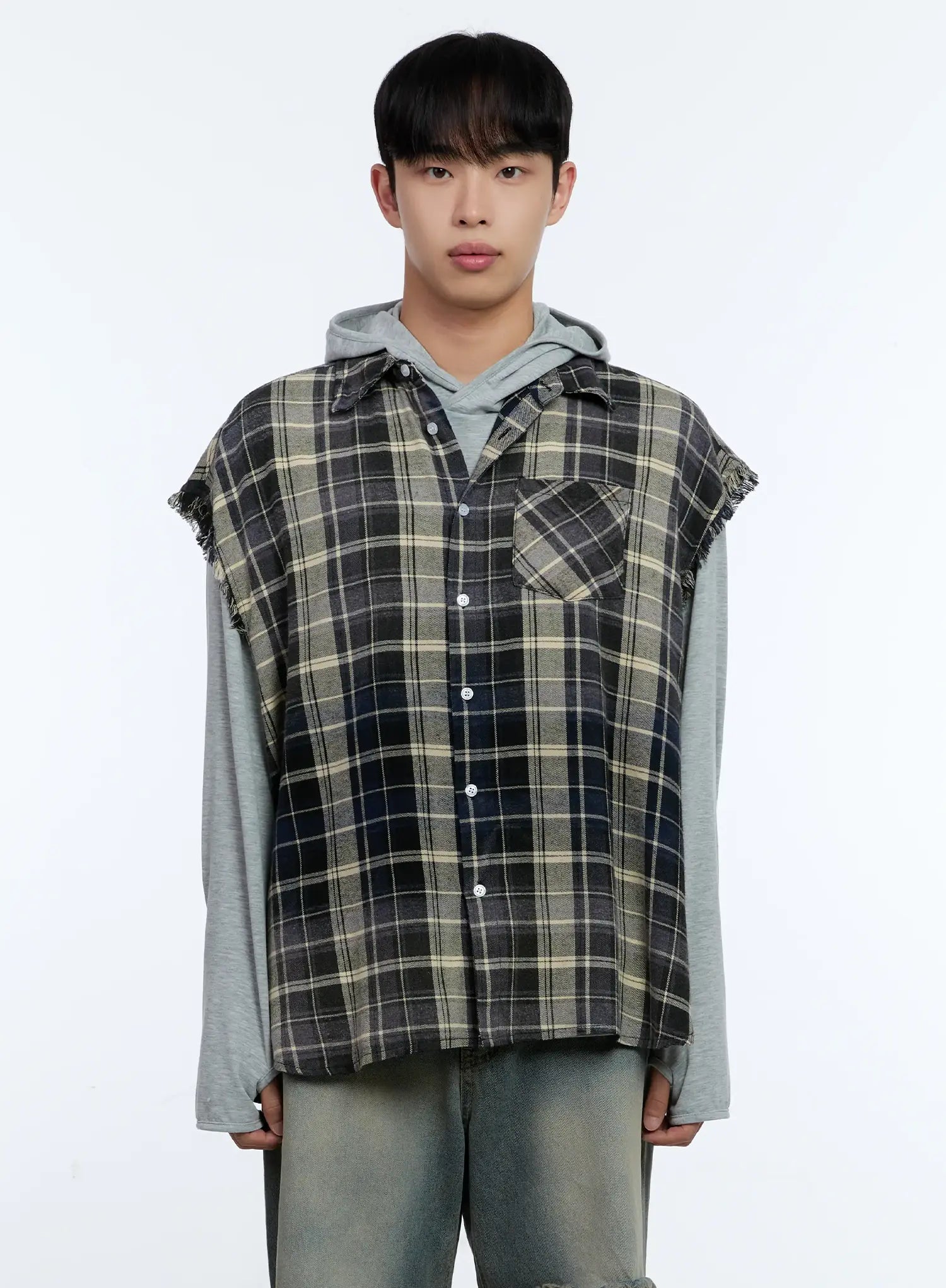 Men's Distressed Plaid Shirt Vest IL517